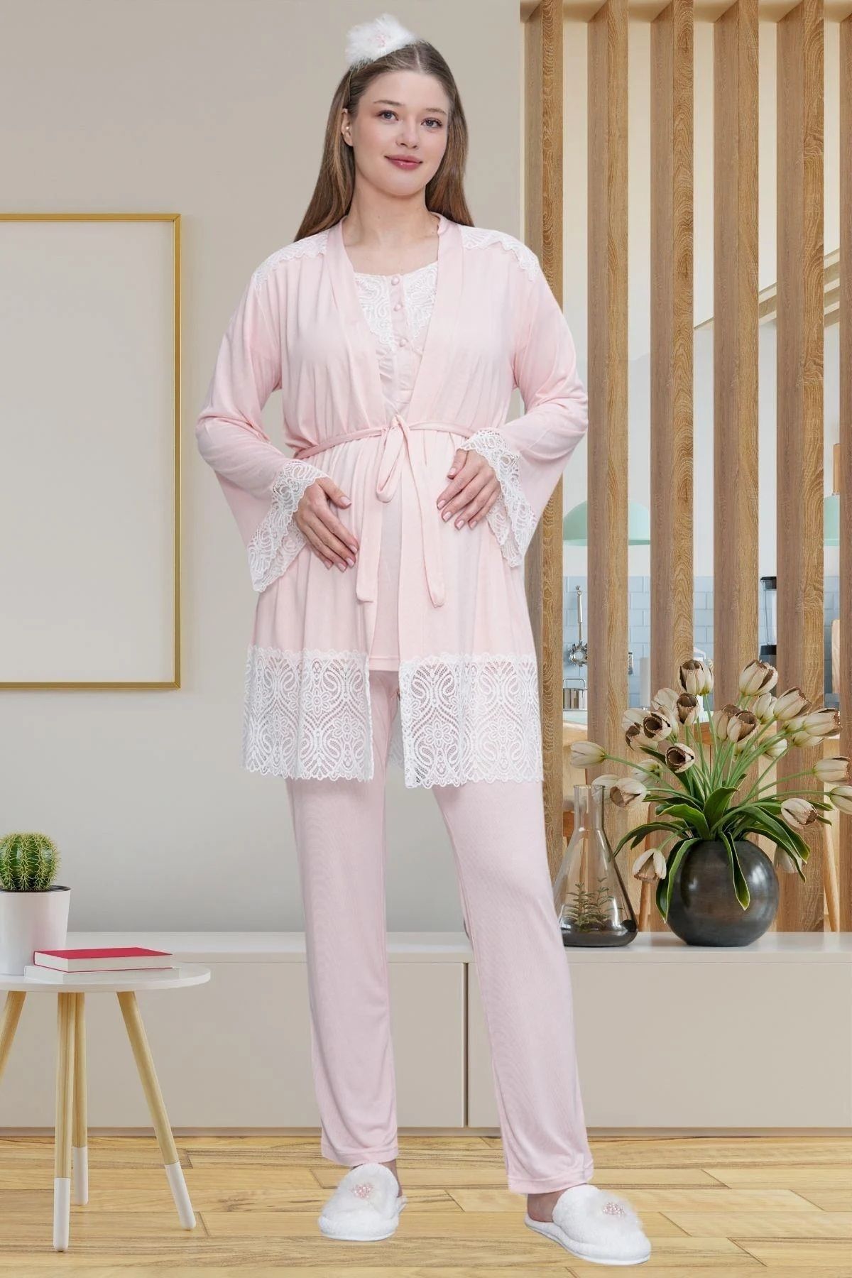 By Mecit Pijama Kadın Kısa Kollu Dantel Detaylı Lohusa Hamile Sabahlıklı Pijama 2'Li Takımı %75 Pamuk %25 Viskon