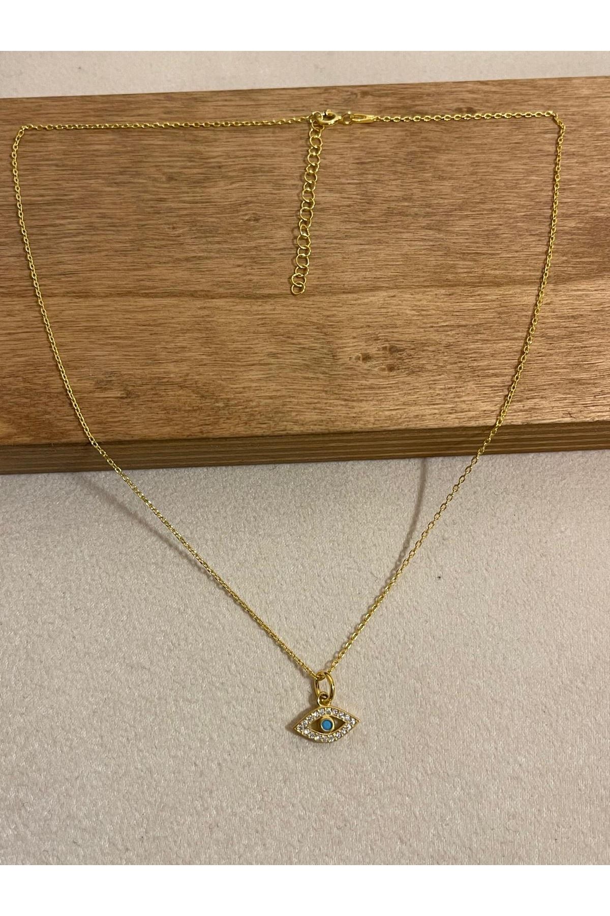 Rupen Kraft 925 Ayar Gold Renk Zirkon Taşlı Göz Nazar Boncuğu Zincirli Kolye