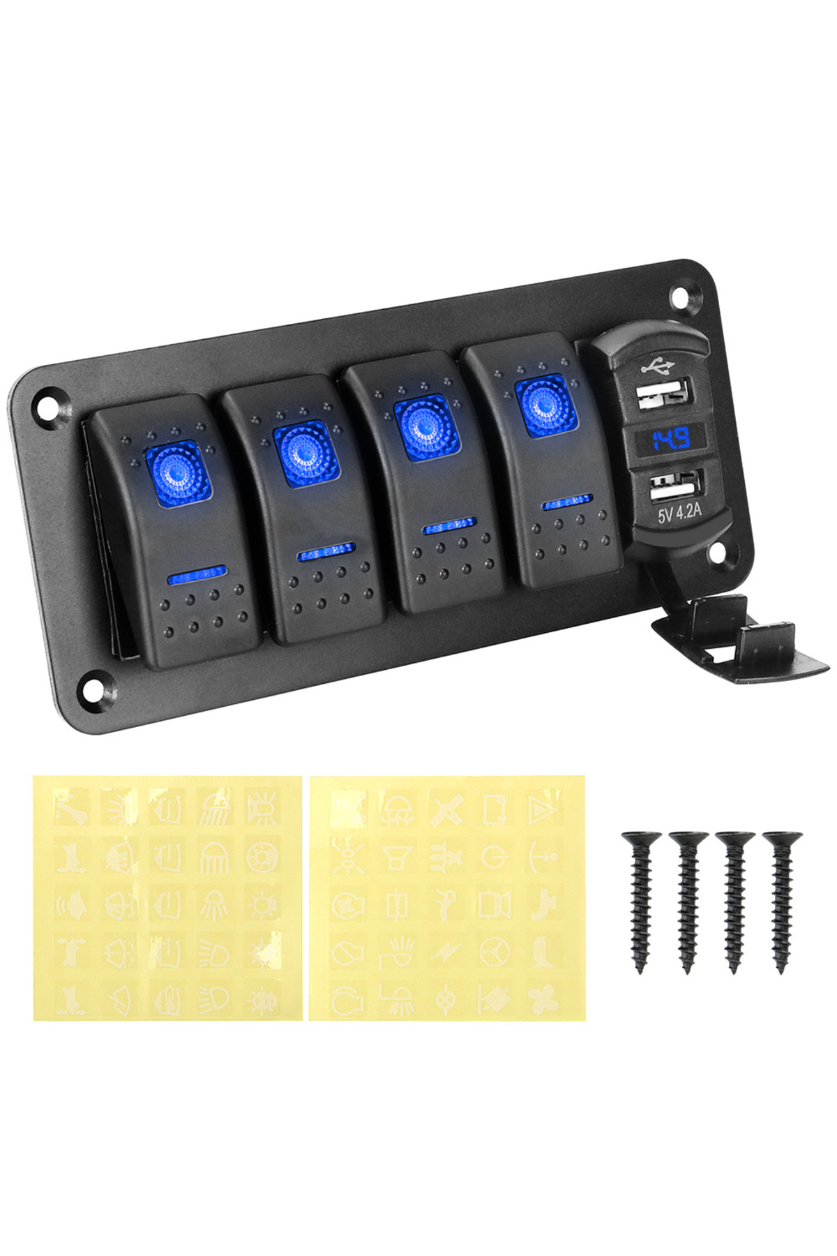 Choice-Blue Digital Voltmeter 4 Gang Toggle Rocker Switch Waterproof 12v/24v Dual Usb Port For Car Marine L 1