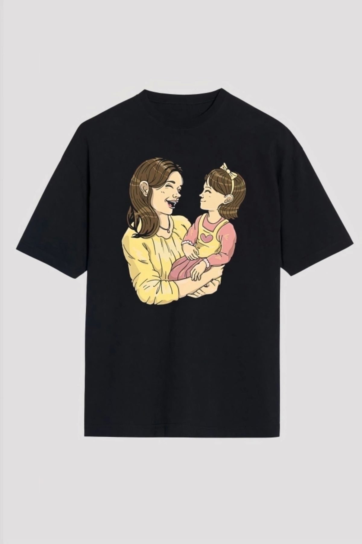 Kaplan Anneler Gününe Özel Tasarım Anne Kız Baskılı T-shirt - Siyah