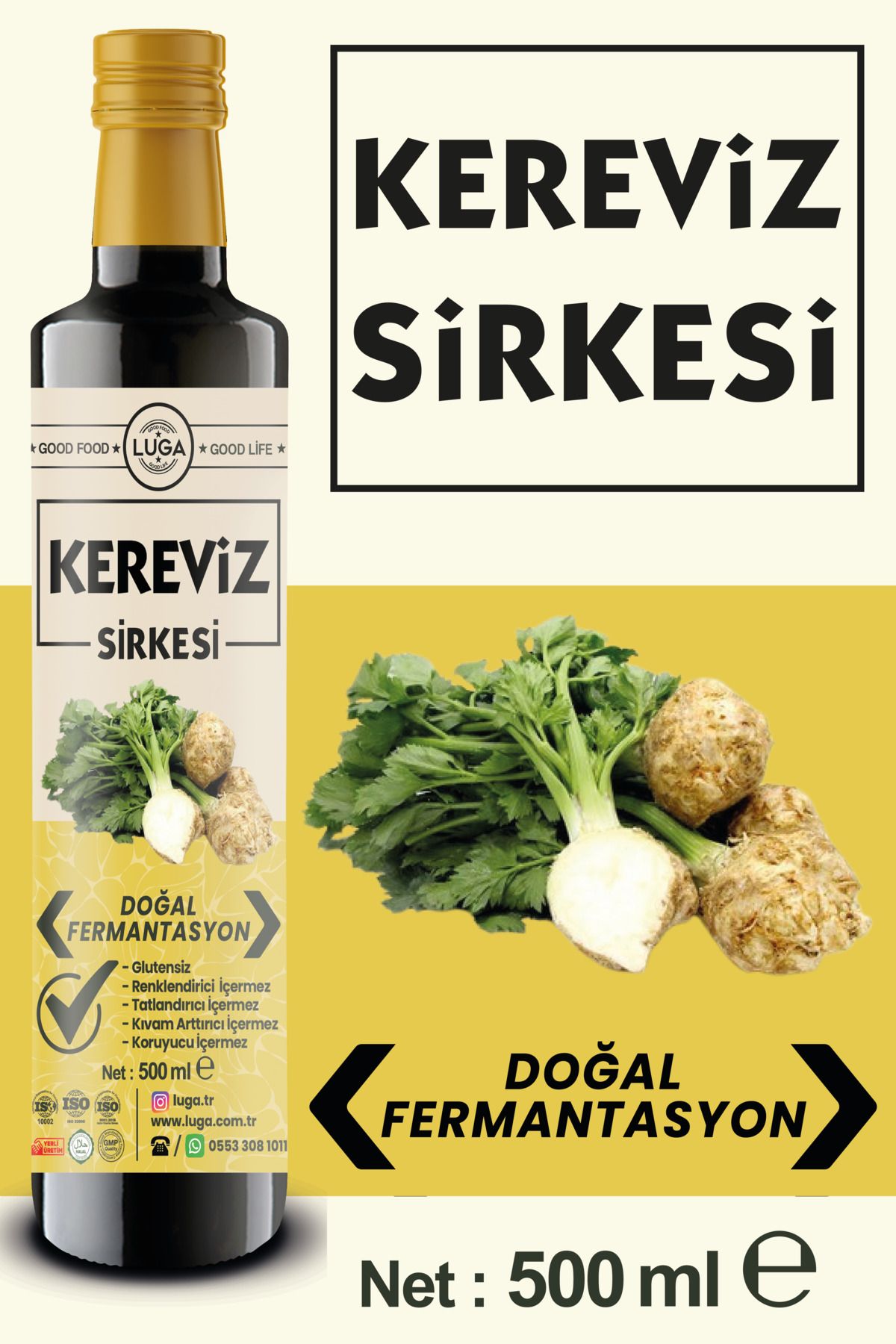 Luga Kereviz Sirkesi 500 ml - Doğal Fermantasyon, Katkısız, Glutensiz, Koruyucu İçermez