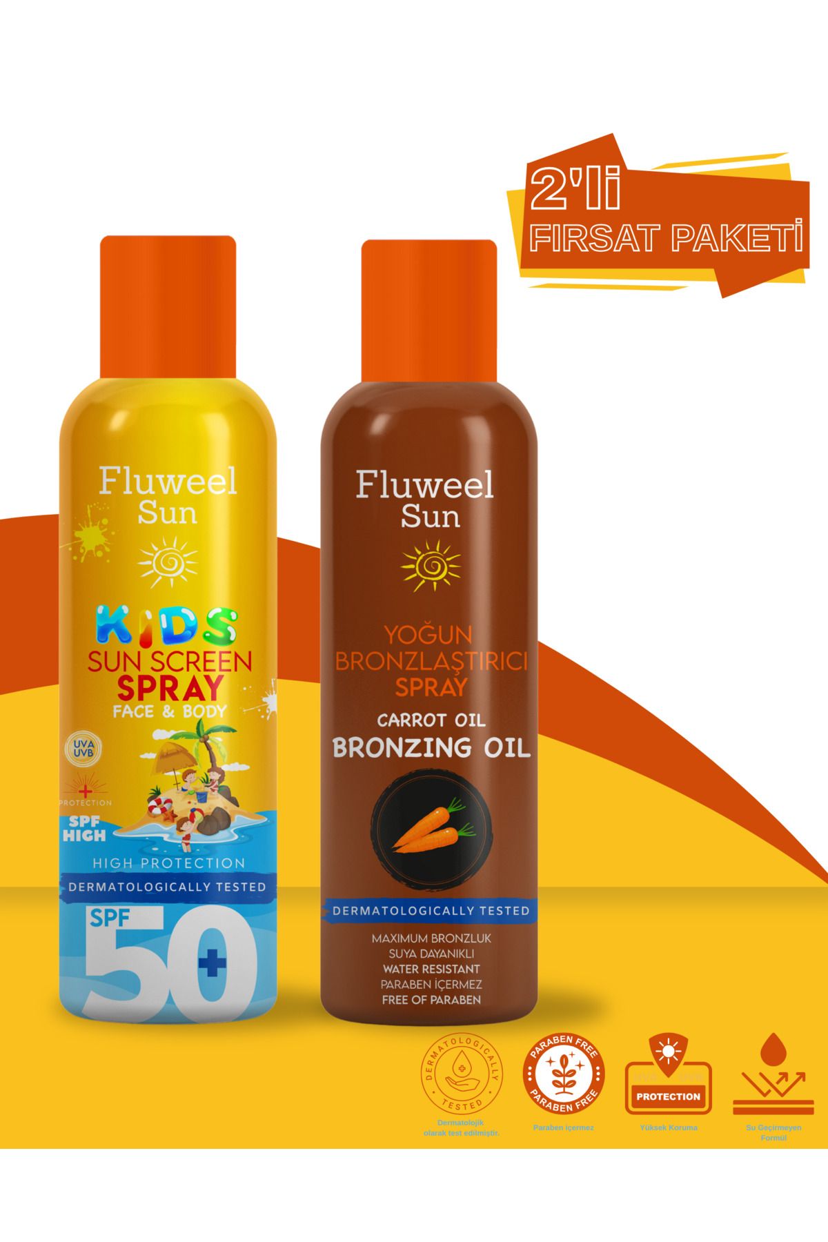 Fluweel Aerosol Çocuk Güneş Koruyucu Sprey 50+ Spf&Yoğun Bronzlaştırıcı Sprey Havuç Yağı 200 ml 2'li Paket