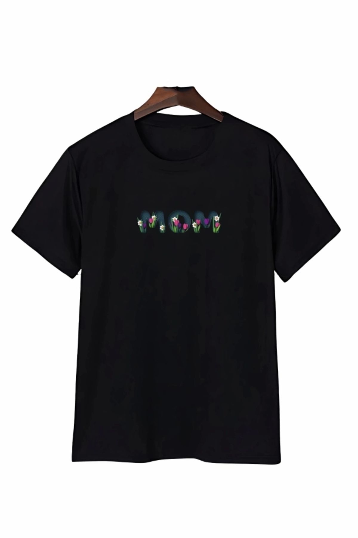 Kaplan Anneler Gününe Özel Tasarım Mom Çiçek Baskılı T-shirt - Siyah