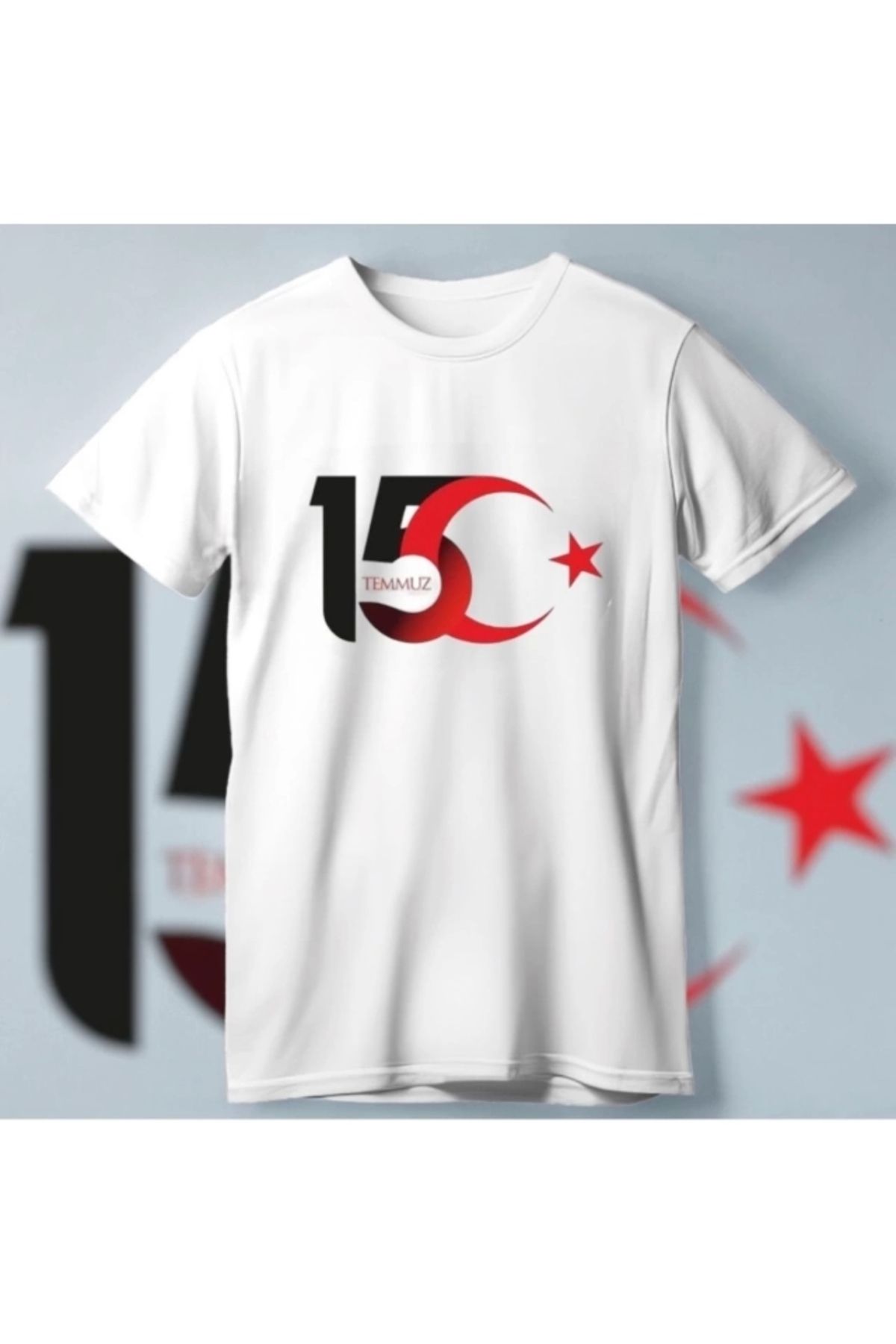 Kaplan 15 Temmuza Özel Tasarım Ay Yıldız Baskılı T-shirt - Beyaz