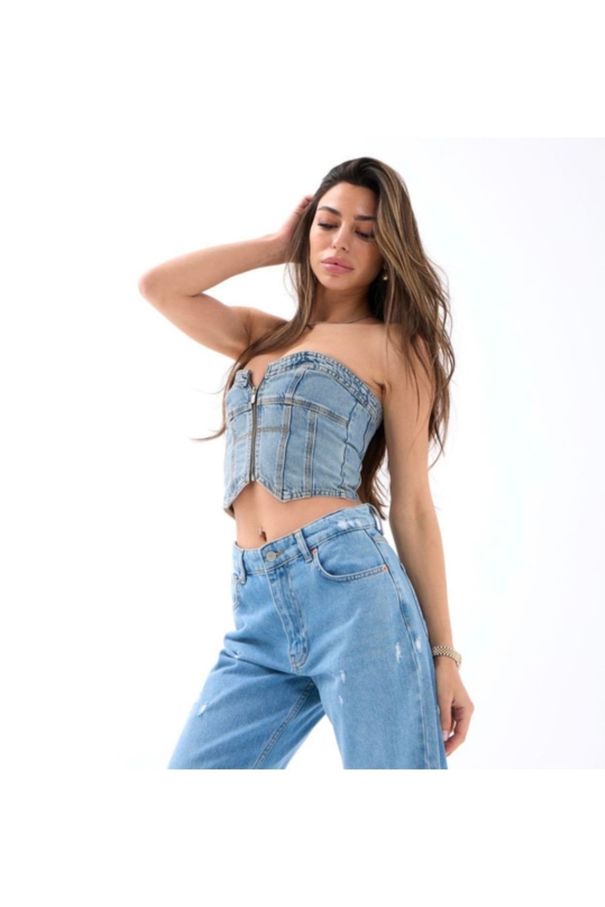 elegante moda Denim crop korse fermuar detay