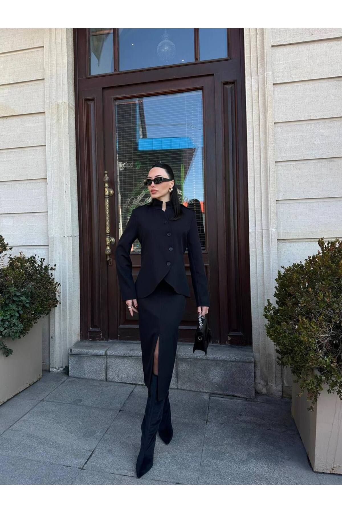 MODAGK Kadın Ikili Tasarım Blazer Ceket Etek Takım