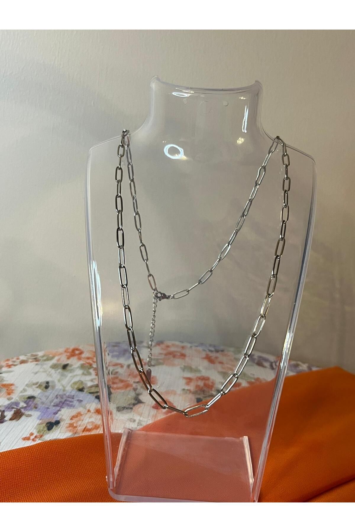 DENİZ ERKUL JEWELRY Gümüş Renk Çelik Ataç Zincir Kadın Kolye | Modern & Sade Tasarım | Paslanmaz Çelik