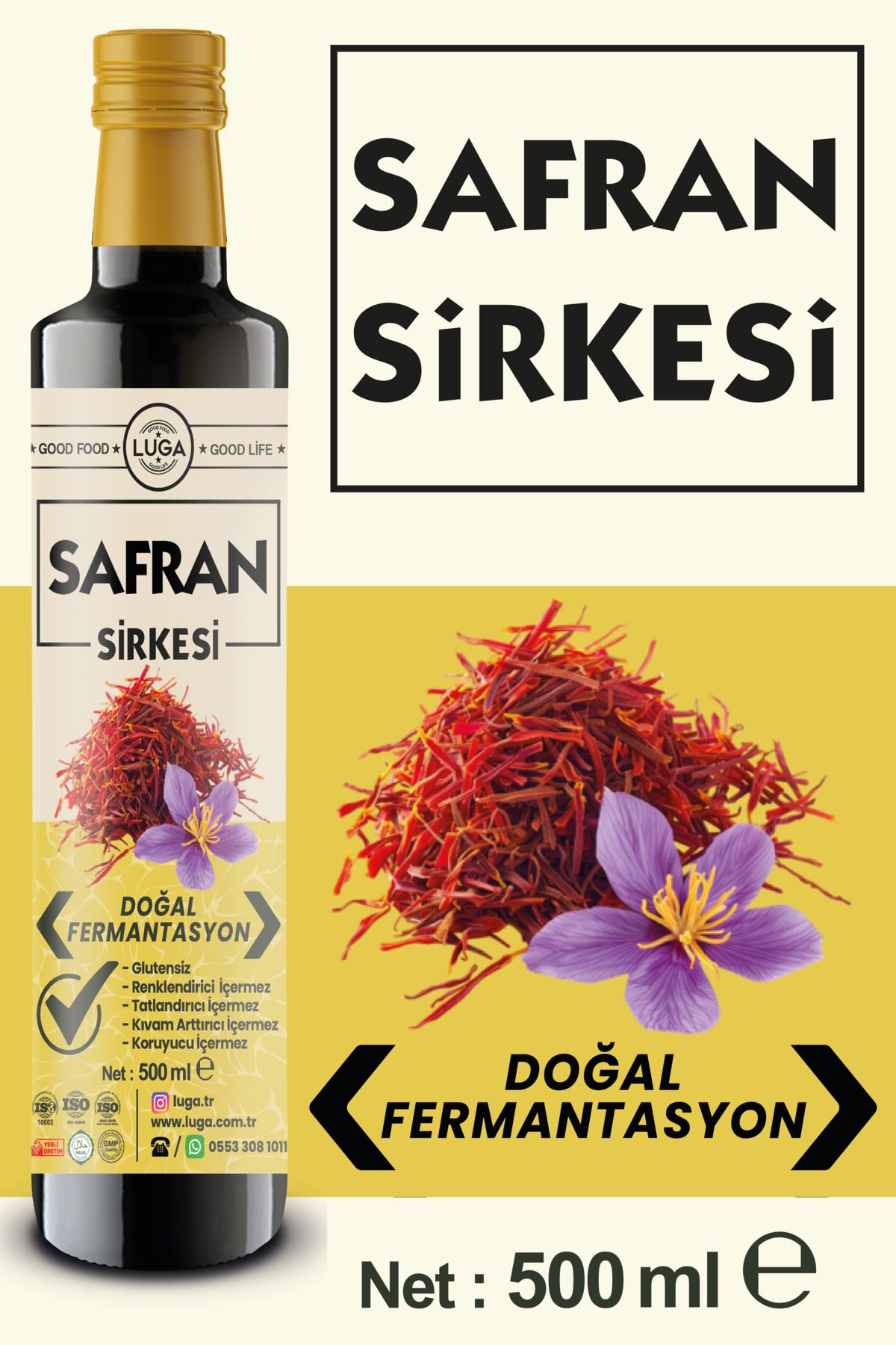 Luga Safran Sirkesi 500 ml - Doğal Fermantasyon, Katkısız, Glutensiz, Koruyucu İçermez