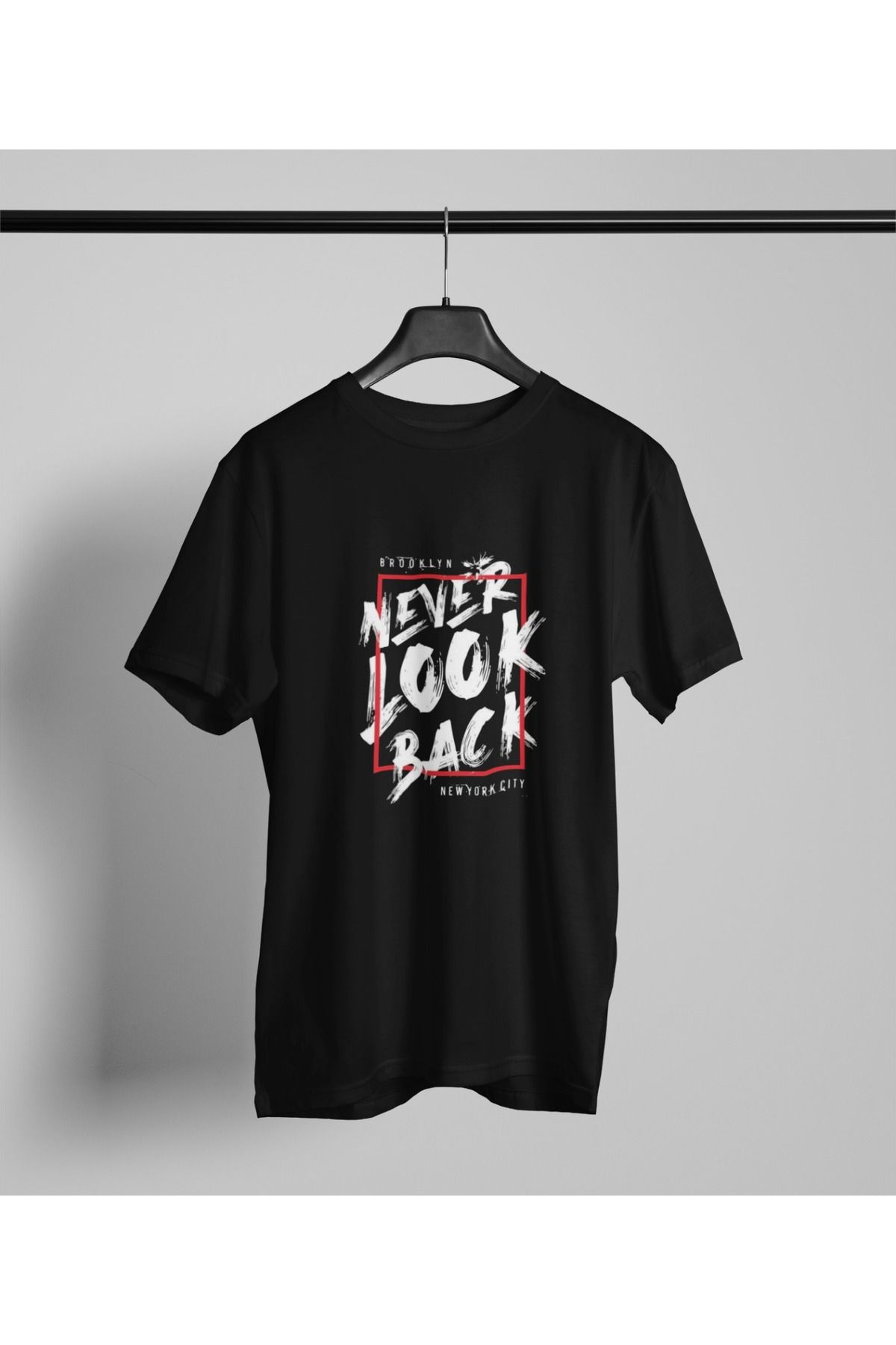 Butik ERKEK/KADIN -NEVER LOCK BACK- TRANSFER BASKILI YUVARLAK YAKA KISA KOL TİŞÖRT