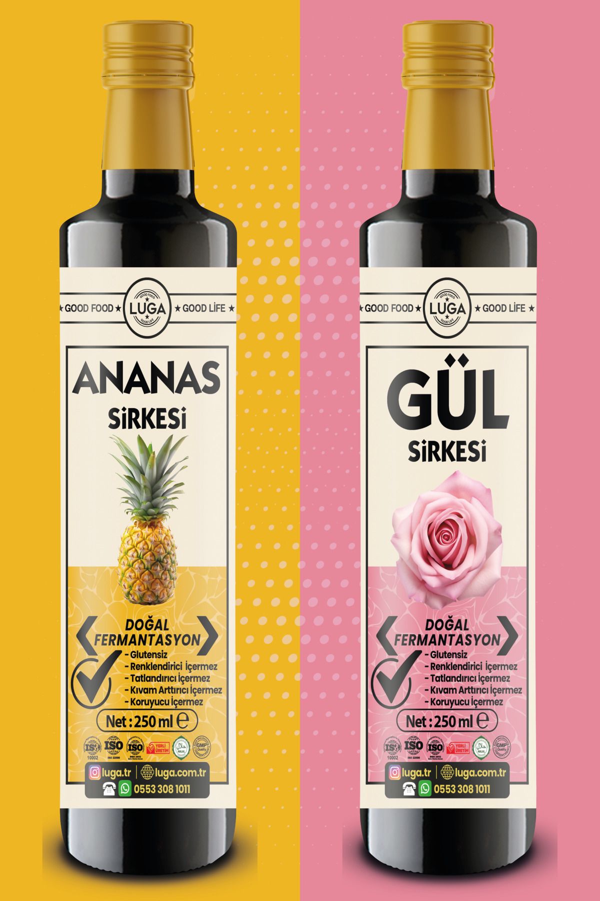 Luga Ananas Sirkesi 250 ml + Gül Sirkesi 250 ml - 2 li Set Doğal Fermantasyon, Katkısız, Glutensiz,