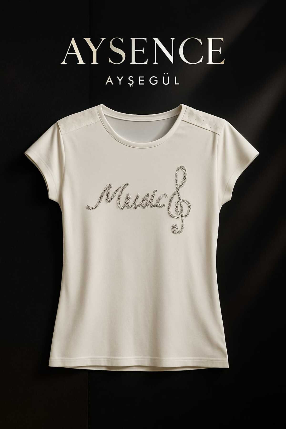 MODA Aysence Ayşegül Kadın Beyaz Taş Detaylı "Music" Yazılı T-Shirt - Kısa Kollu, Şık ve Modern Tasarım