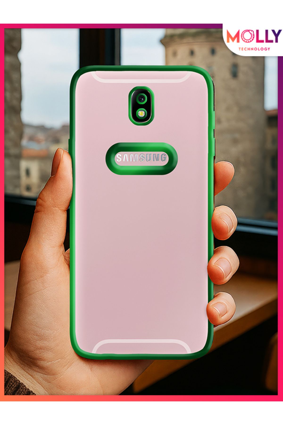 Molly Samsung Galaxy J7 PRO İçin Kenarları Zehir Yeşili Lens Koruyuculu Lou Lazer Şeffaf Silikon Kılıf
