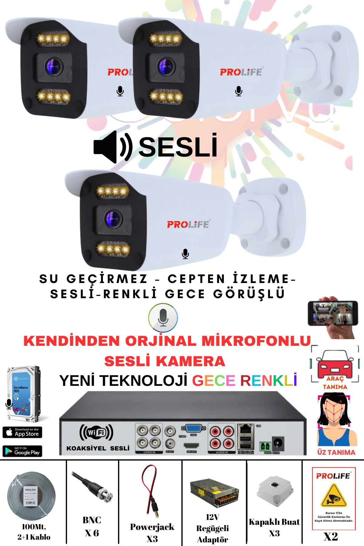 PROLİFE 3 Lü Sesli Güvenlik Kamerası 5 Mp Gece Renkli Yüz Ve Araç Tanımalı Full Hd Kamera Sistemi