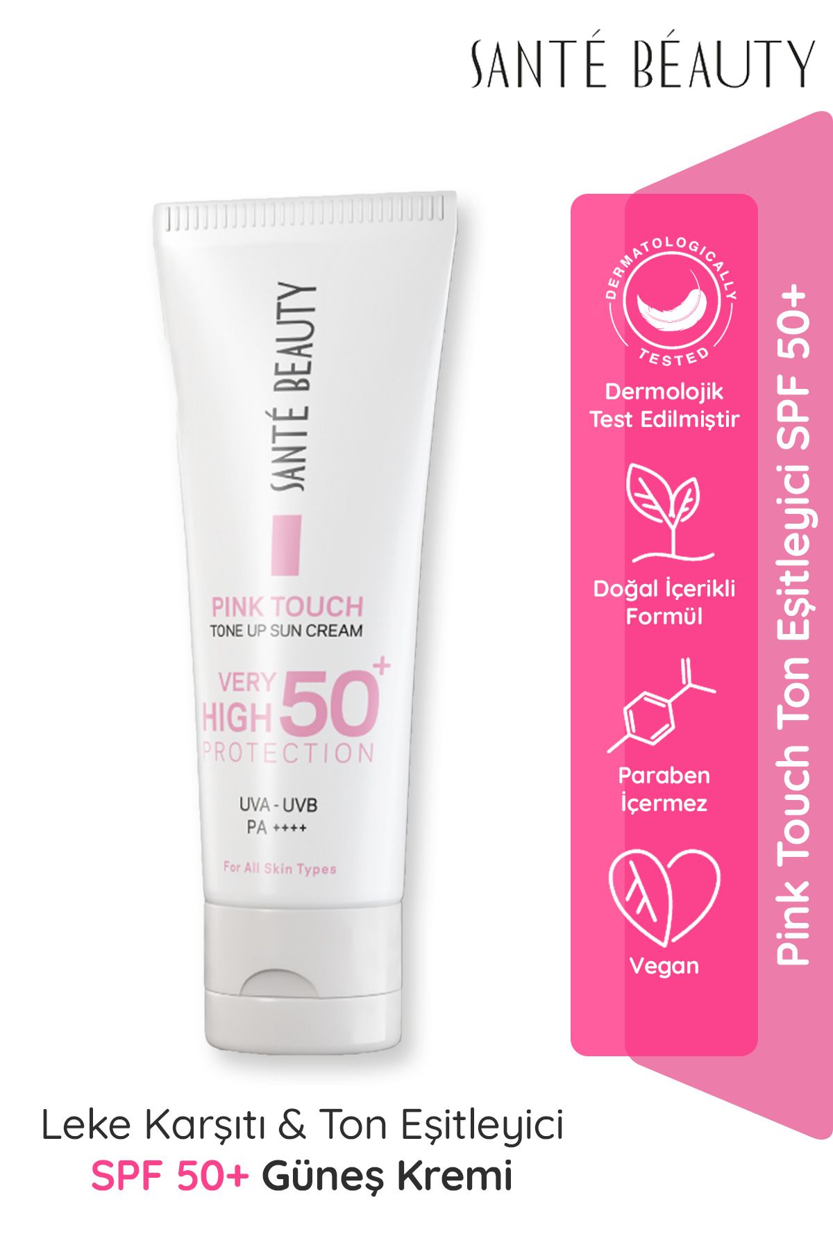 SANTE BEAUTY Pink Touch SPF 50+ Leke Karşıtı & Ton Eşitleyici Yüksek Korumalı Yüz Vücut Pembe Güneş Kremi 75 ml