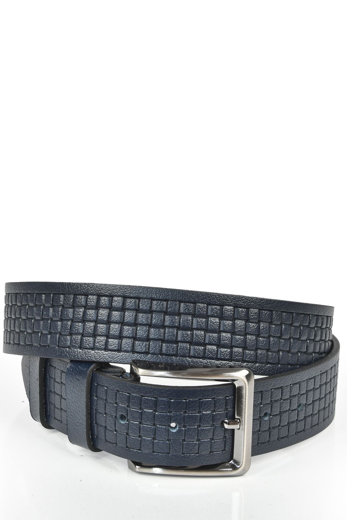 Rizz up Erkek Lacivert Kare Desenli Hakiki Deri Kot Kemeri Deri 4 cm Spor Kemer 2402620