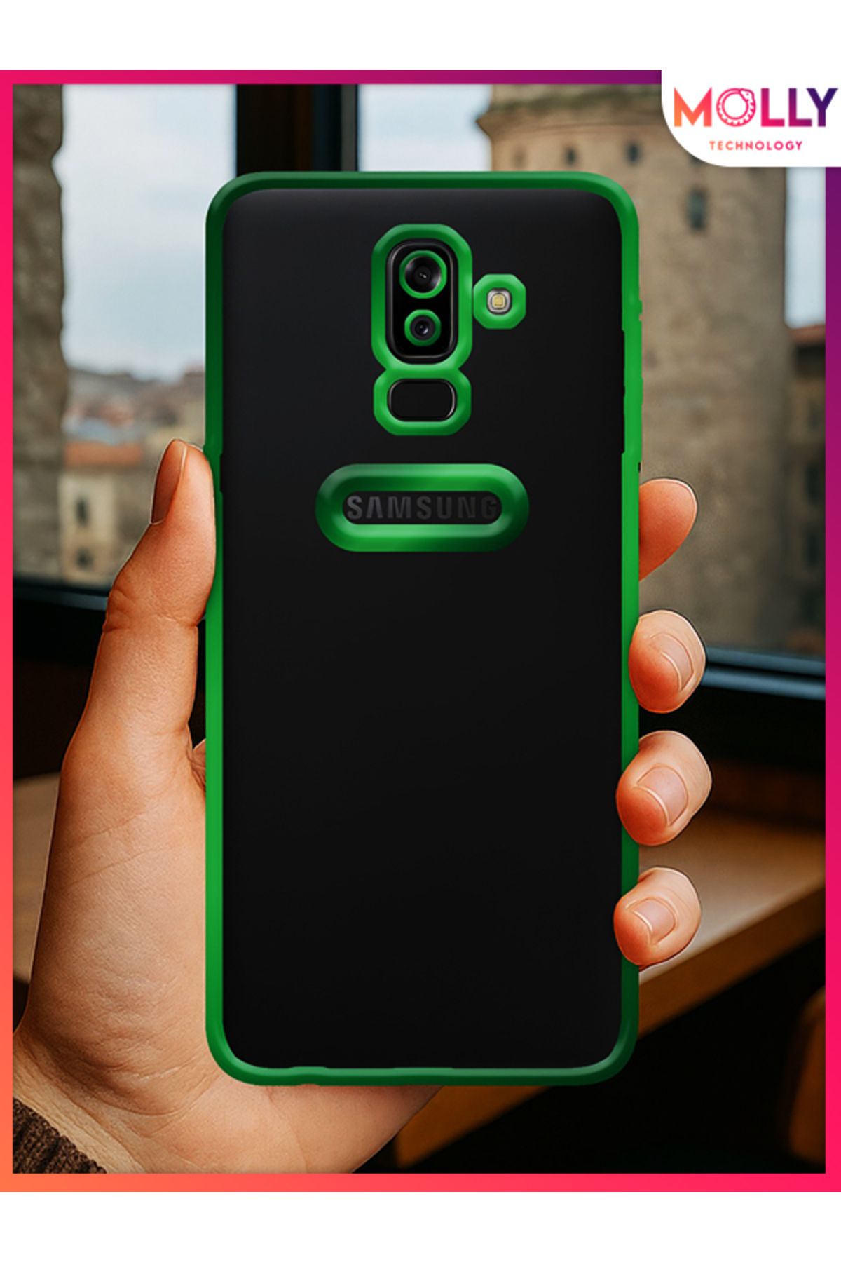Molly Samsung Galaxy J8 İçin Kenarları Zehir Yeşili Lens Koruyuculu Lou Lazer Şeffaf Silikon Kılıf