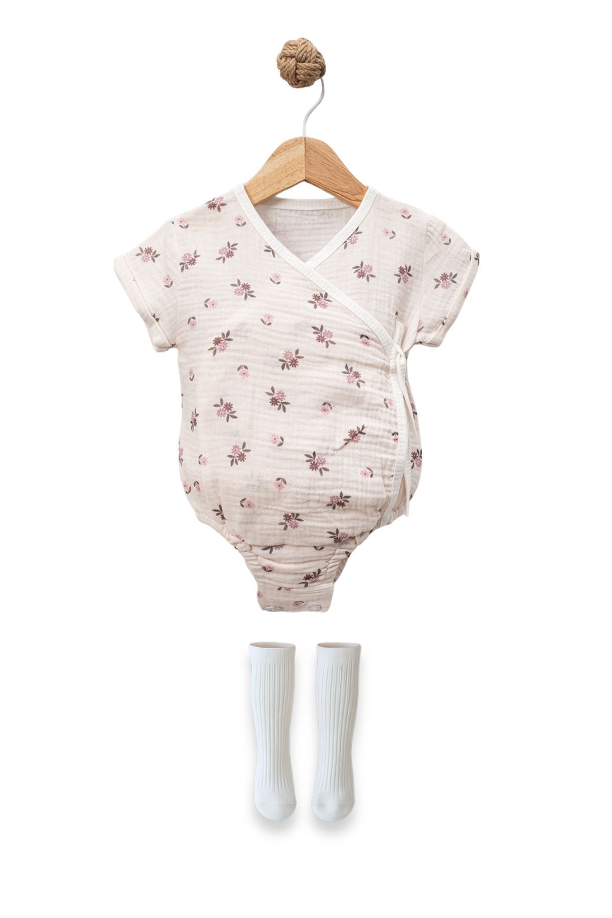 Minytrendy Kız Bebek Yazlık Müslin Romper Yenidoğan Bebek Tulumu Çoraplı Kısa Kol Kimono Body fotoğrafı 2 (önizleme)