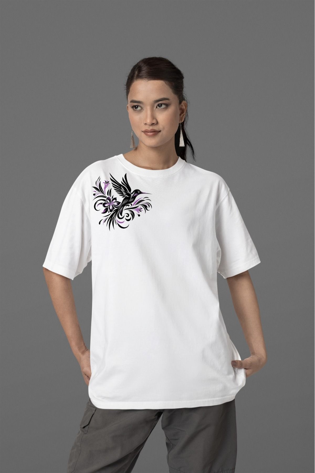 Butik %100 PAMUK KIZ/KADIN -KUŞ- TRANSFER BASKILI YUVARLAK YAKA KISA KOL TİŞÖRT
