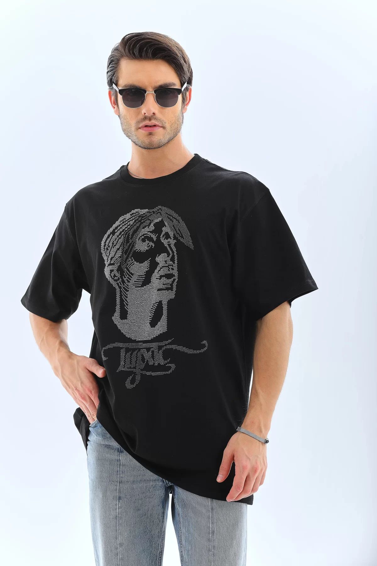 İndigo Park Tişört erkek Unisex Oversize Taşlı Bisiklet Yaka T-Shirt