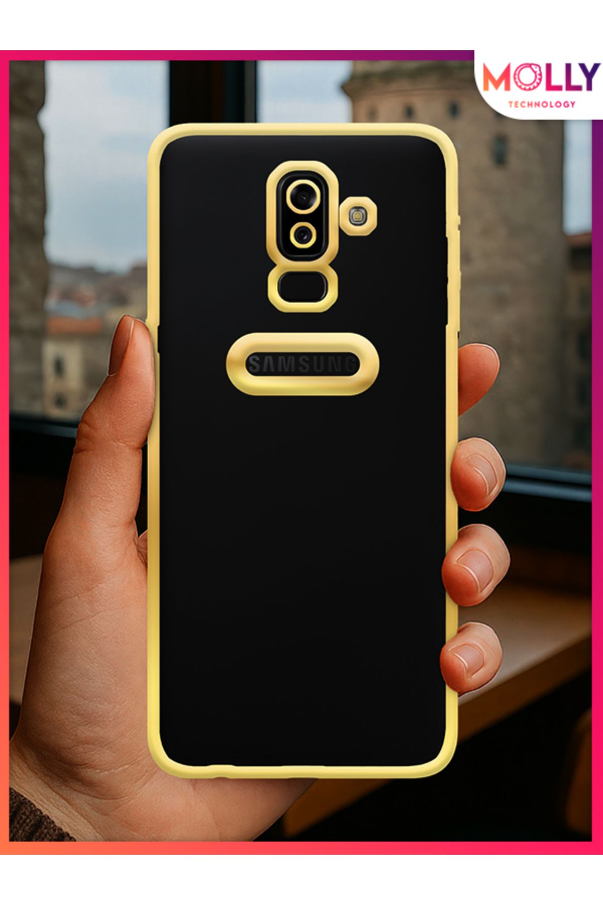 Molly Samsung Galaxy J8 İçin Kenarları Gold Lens Koruyuculu Lou Lazer Şeffaf Silikon Kılıf