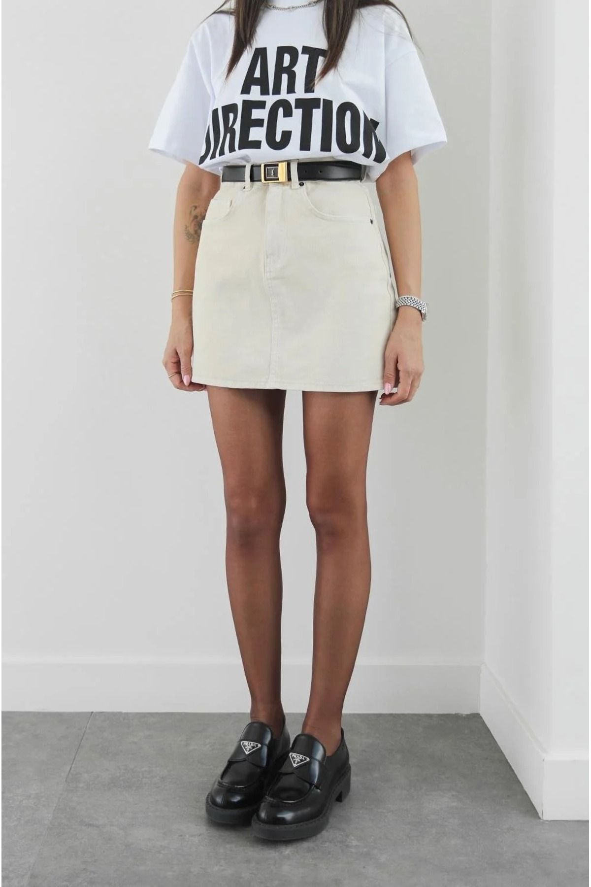 SHUR BOUTİQUE Krem Renk Denim Mini Etek
