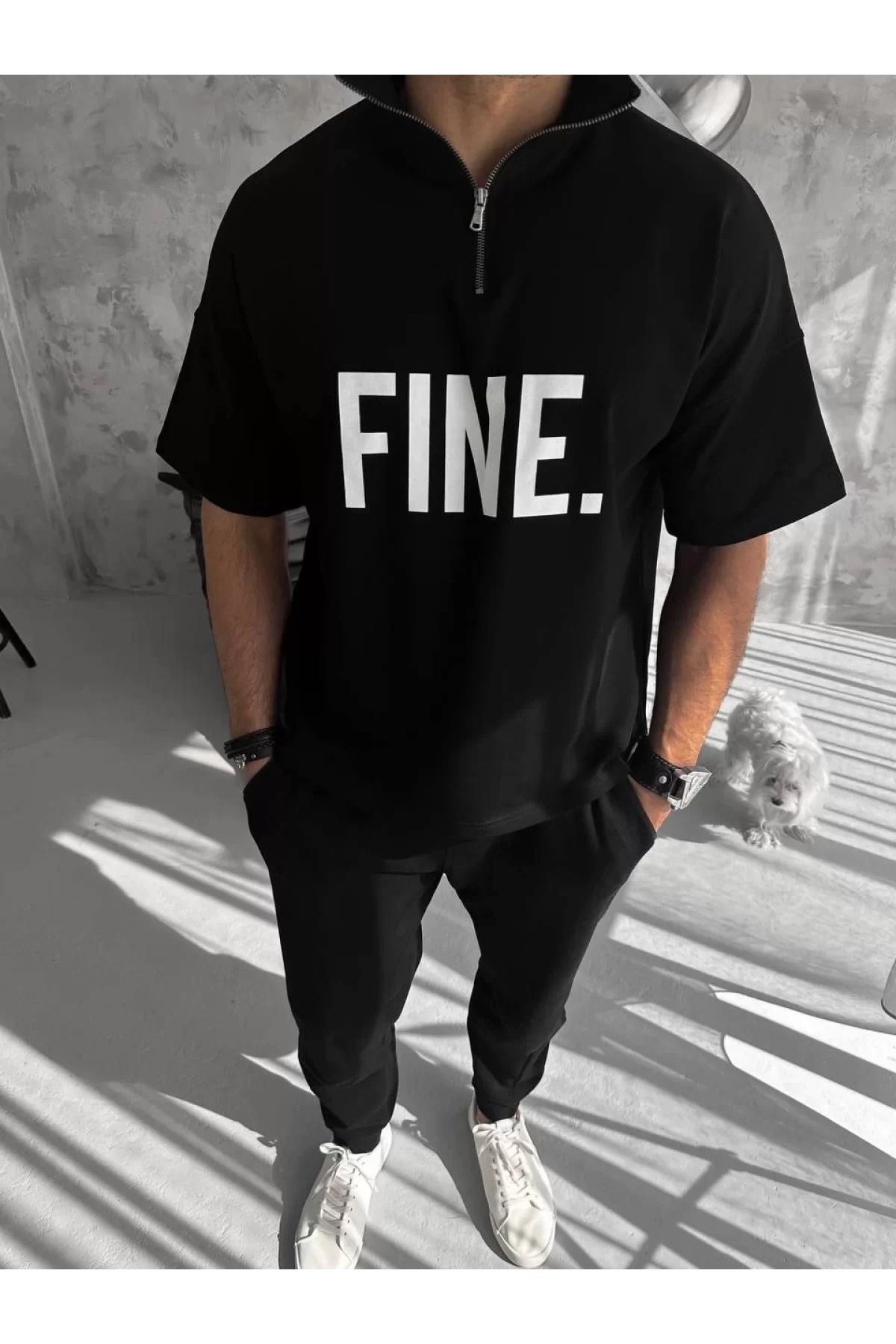 İndigo Park kaliteli erkek tişört Unisex Baskılı Yarım Fermuarlı T-Shirt - Siyah