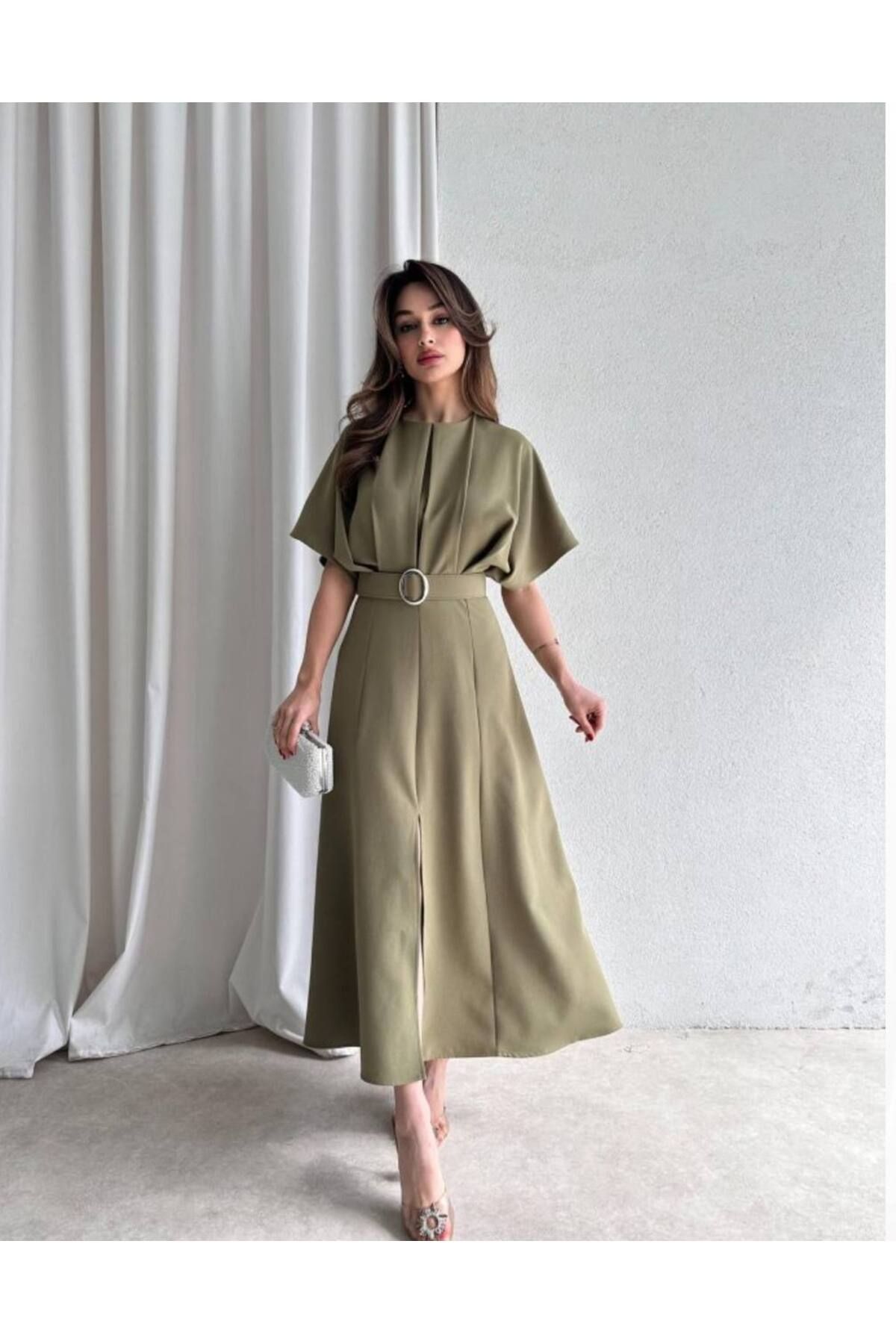 Ahzem Collection Yarasa Kol Midi Elbise kemer dahil