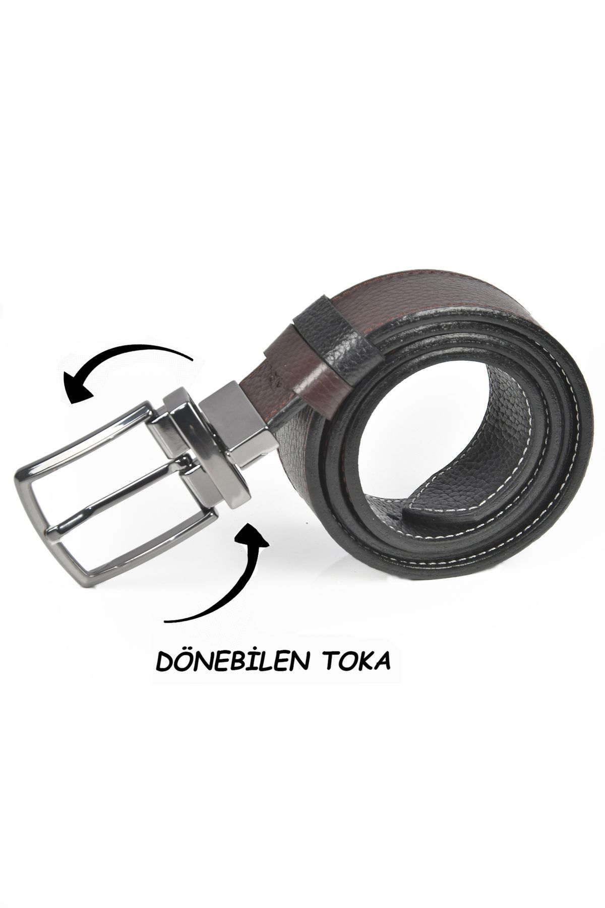Rizz up Erkek Siyah-KahveÇift Taraflı Hakiki Deri Spor Kemer Dönen Tokalı 4 cm Deri Kemer 2502630