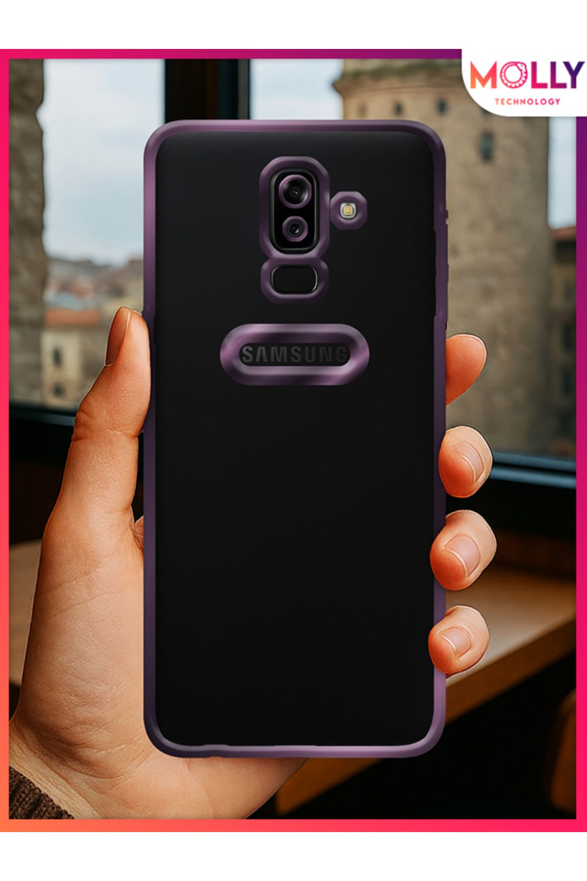 Molly Samsung Galaxy J8 İçin Kenarları Derin Mor Lens Koruyuculu Lou Lazer Şeffaf Silikon Kılıf