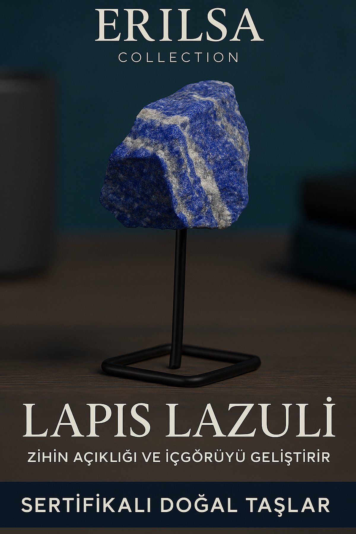 Erilsa Sertifikalı Ham Doğal Lapis Lazuli Taşı Standlı Dekoratif Obje – Zihinsel Güç ve İfade Yeteneği