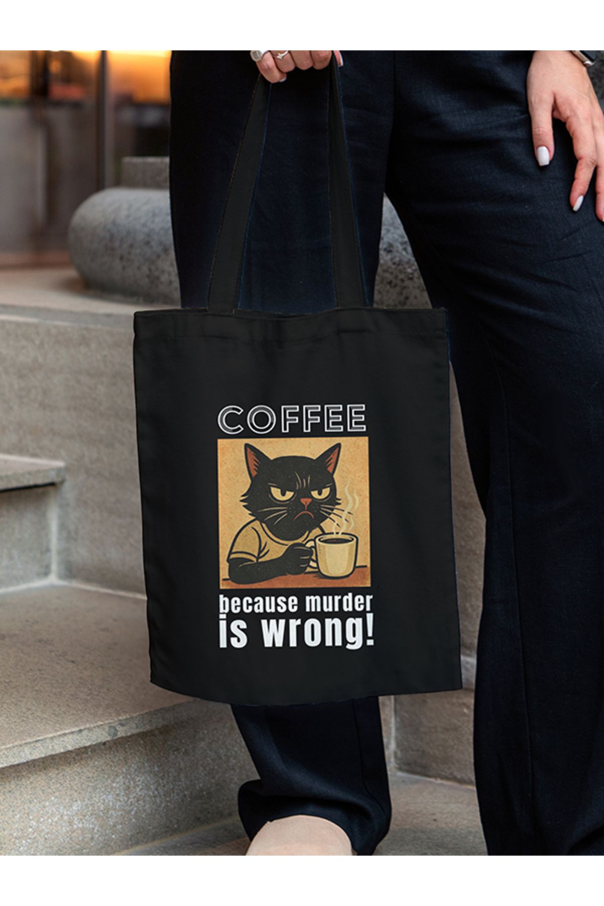 GEDENE Coffee Because Murder Is Wrong' Siyah Gabardin Bez Çanta