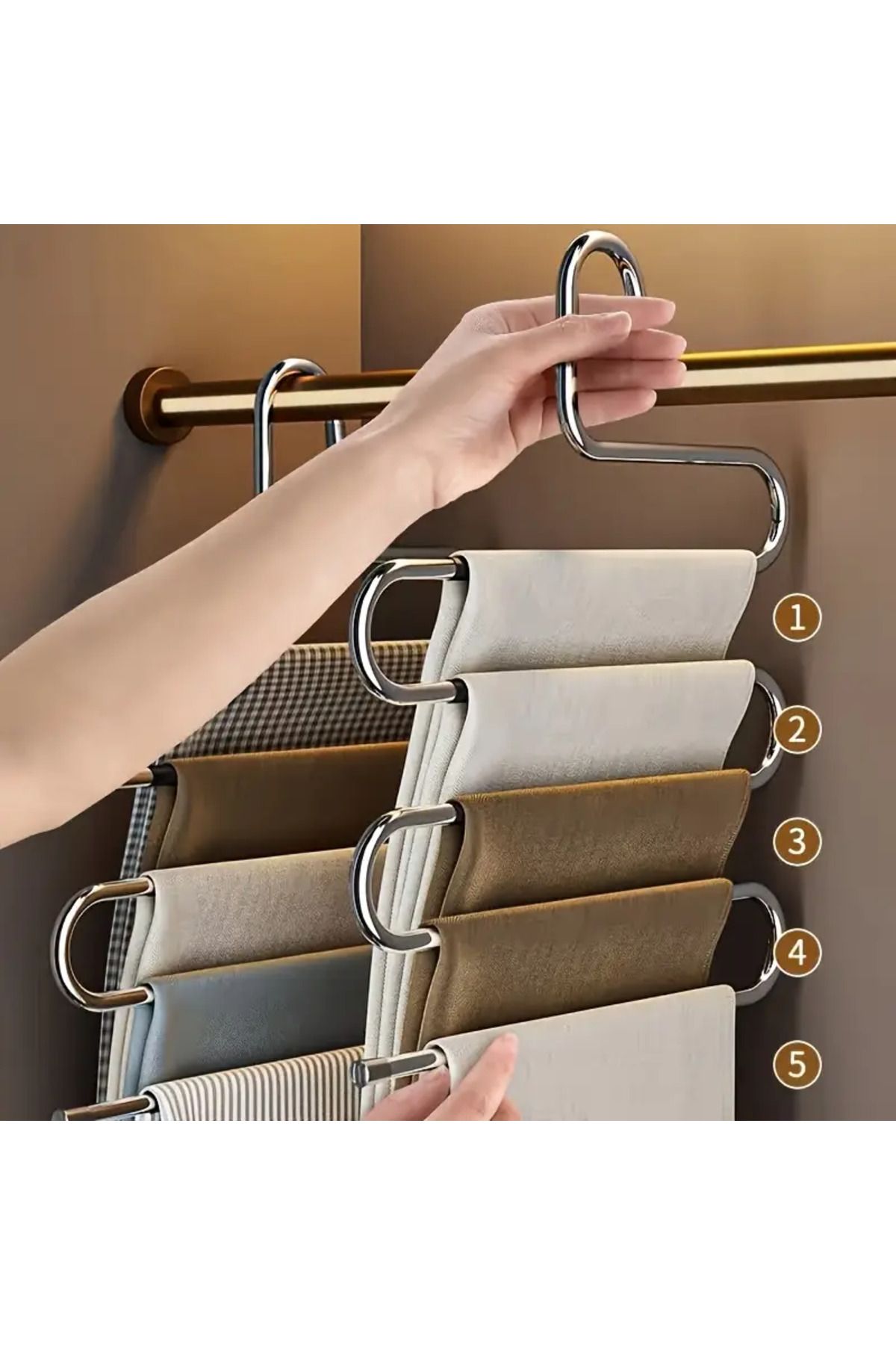 MİH-Rİ HOME Metalay Dekoratif Metal Dolap Içi Krom Askı Pantolon Eşarp Askısı 5 Katlı