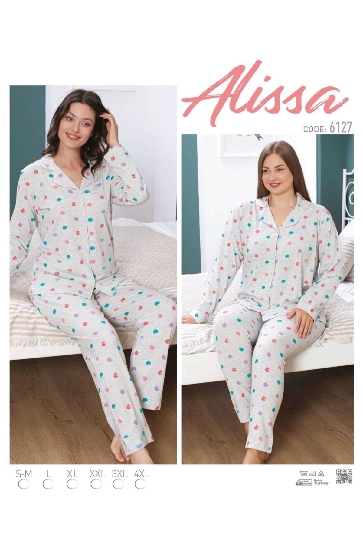 GiyimCity Kadın Gri Puanlı Uzun Kol Patlı Pijama Takımı