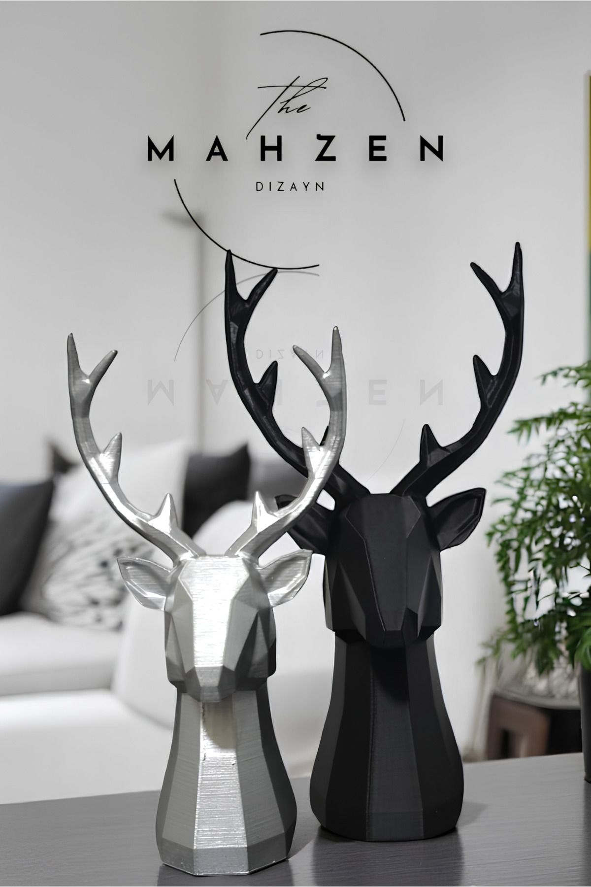 Mahzn Dizayn 2 Li Set Geyik Figürlü Modern Dekoratif Hediyelik Biblo Siyah-gümüş 22cm/19cm