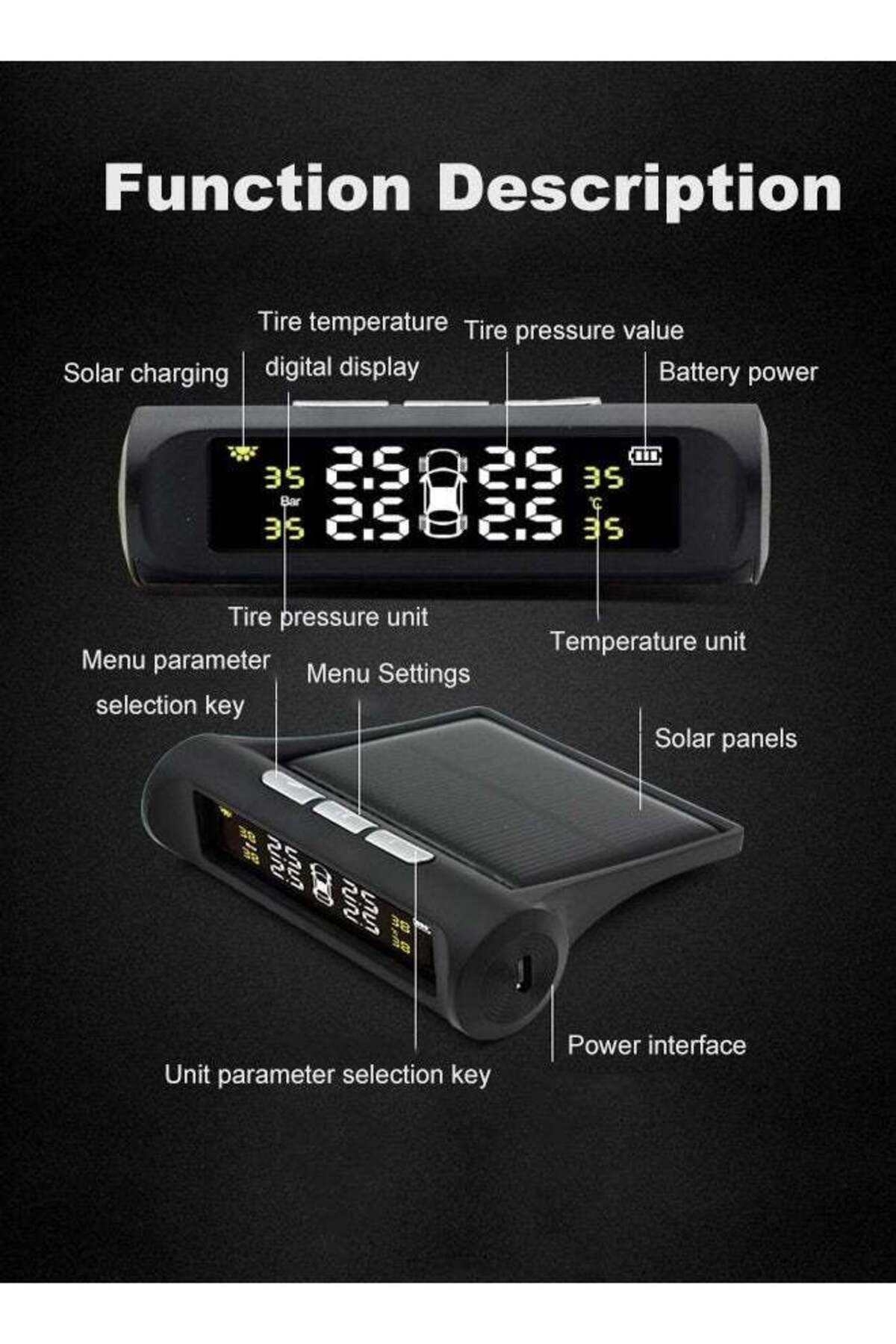 fulina-Tire Pressure Monitor, 4 Built-In Sensors, 6 Reminder Modes, Digital Lcd Display, Suitable for Cars 3