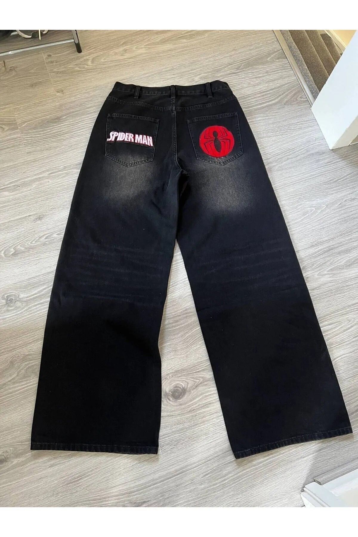 Karakedi Nakışlı Spider Man Retro Siyah Baggy Kot Pantolon