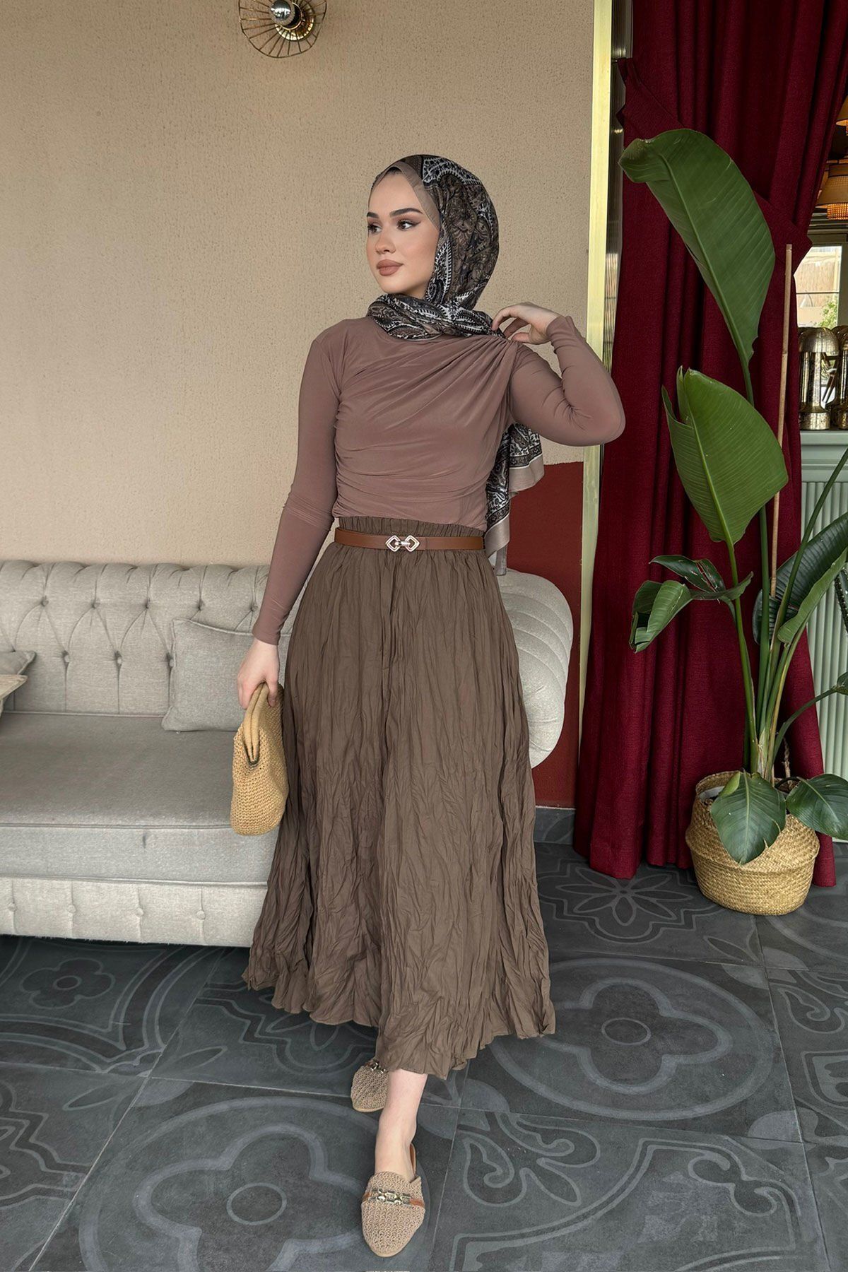 SİNDAL Kırışık Detaylı Etek 31-2237 - HAKİ YEŞİL