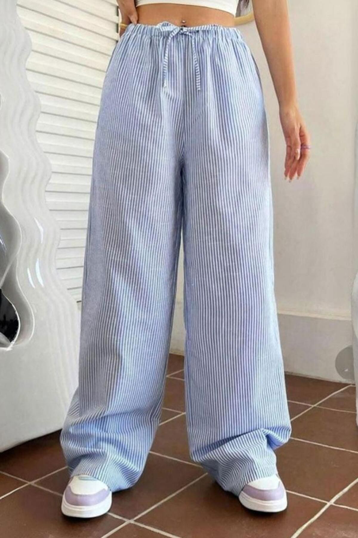 Karakedi Çizgili Bel Lastikli Basic Rahat İnce Pantolon