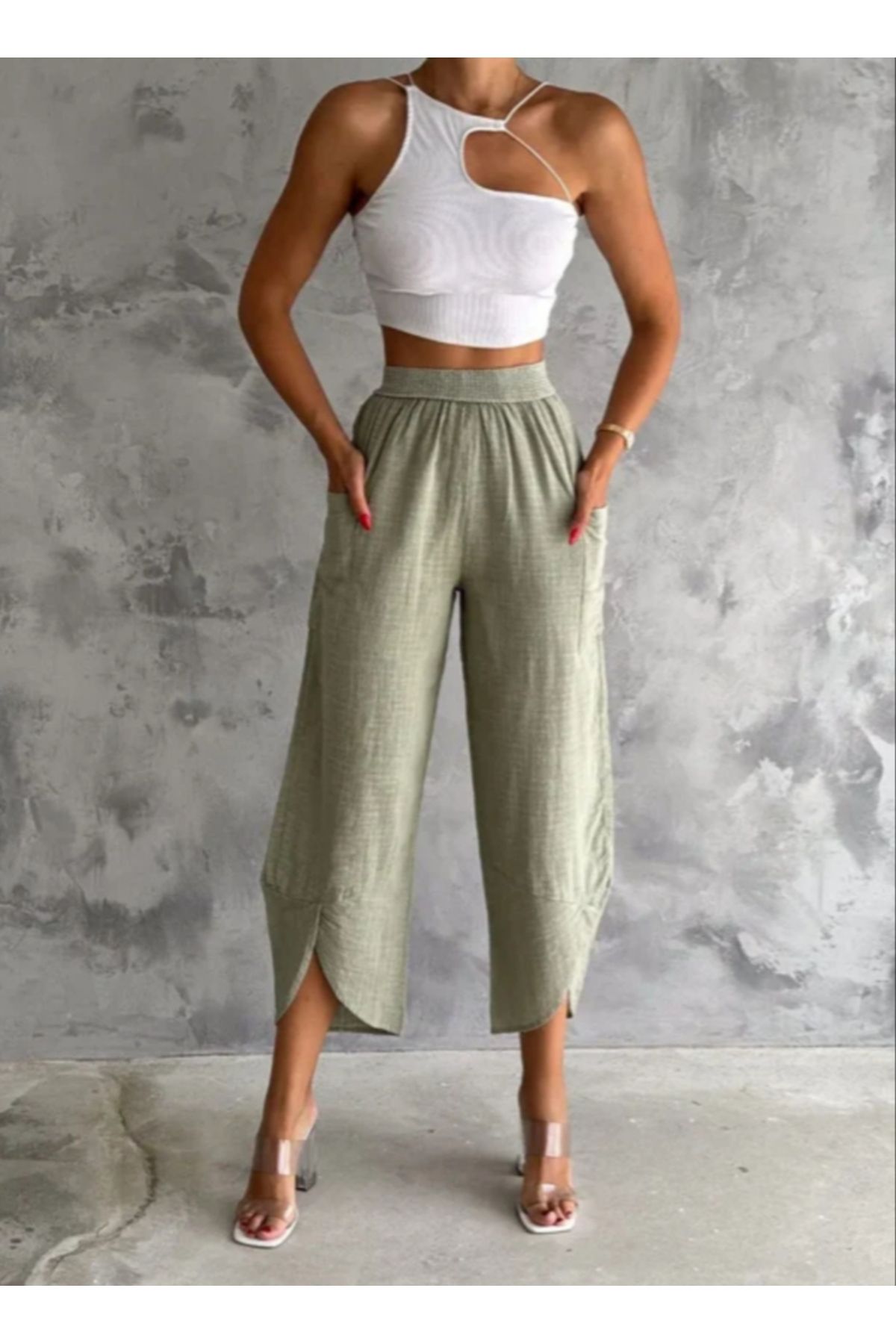 MODA Flamlı Keten Yüksek Bel Rahat Kesim Kadın Pantolon