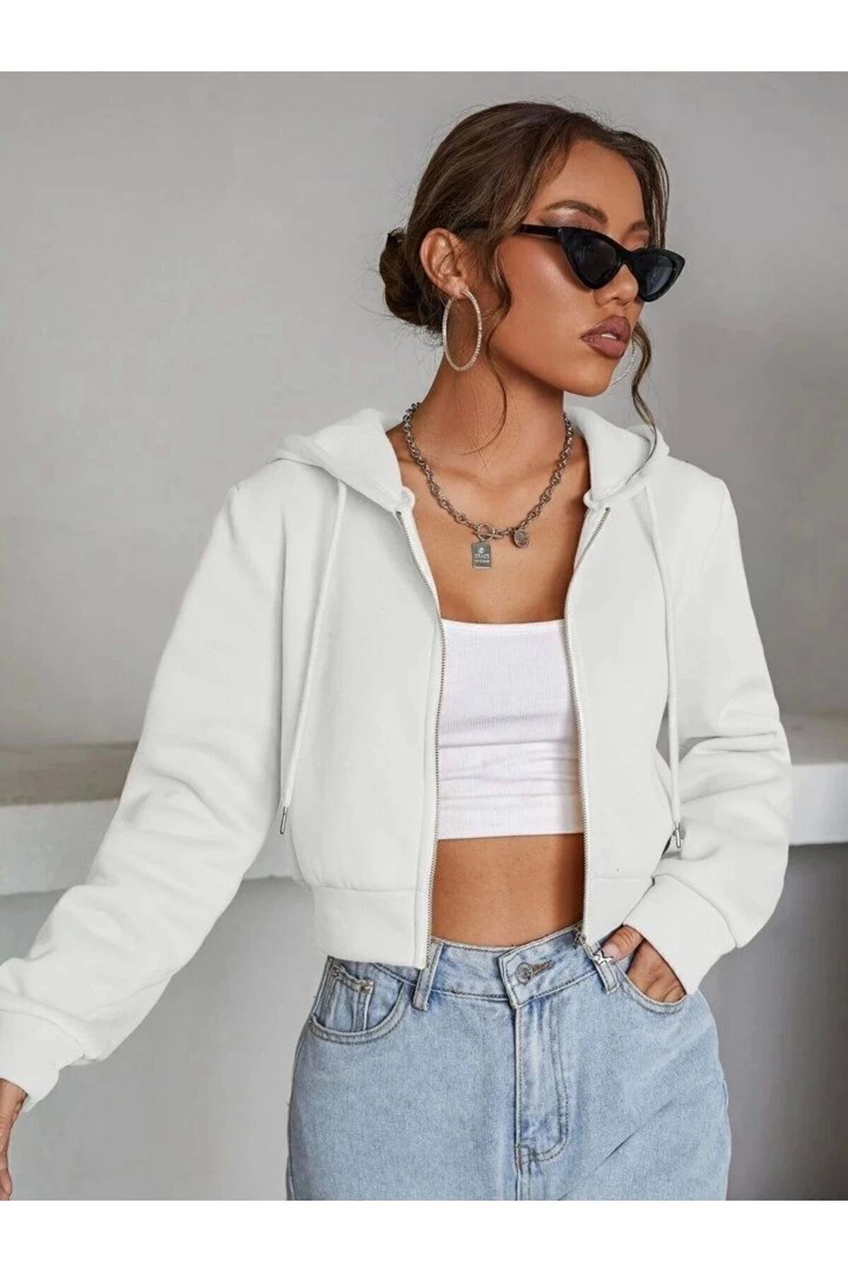 Vona Nova Kadın Fitted Crop Kapşonlu Zip Fermuarlı Polar Hırka Sweatshirt