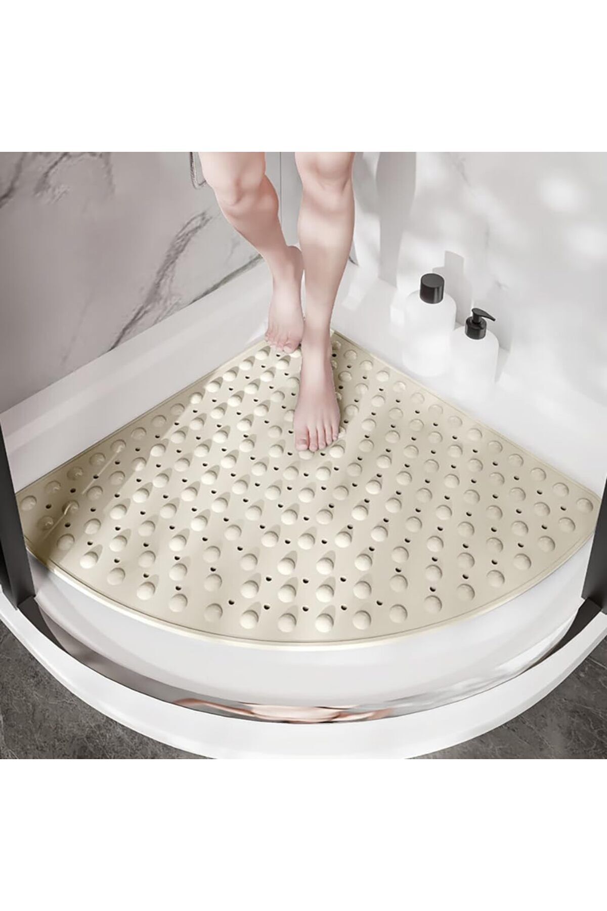 Sea Home Banyo Paspası Yelpaze Köşe Vantuzlu Gider Delikli Duş Ve Küvet Latte 54x54 Cm M-162