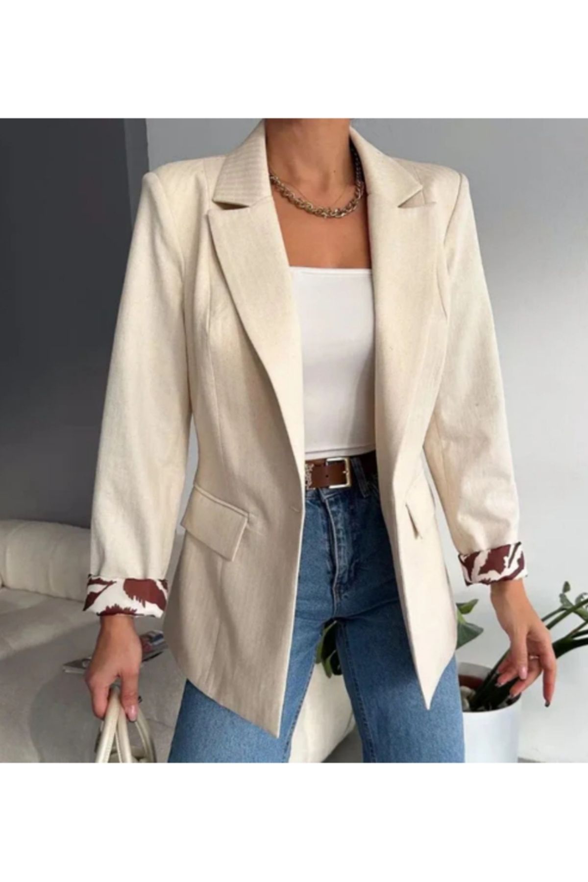 MODA Leopar Desenli Kol Detaylı Tek Düğmeli Keten Kadın Ceket