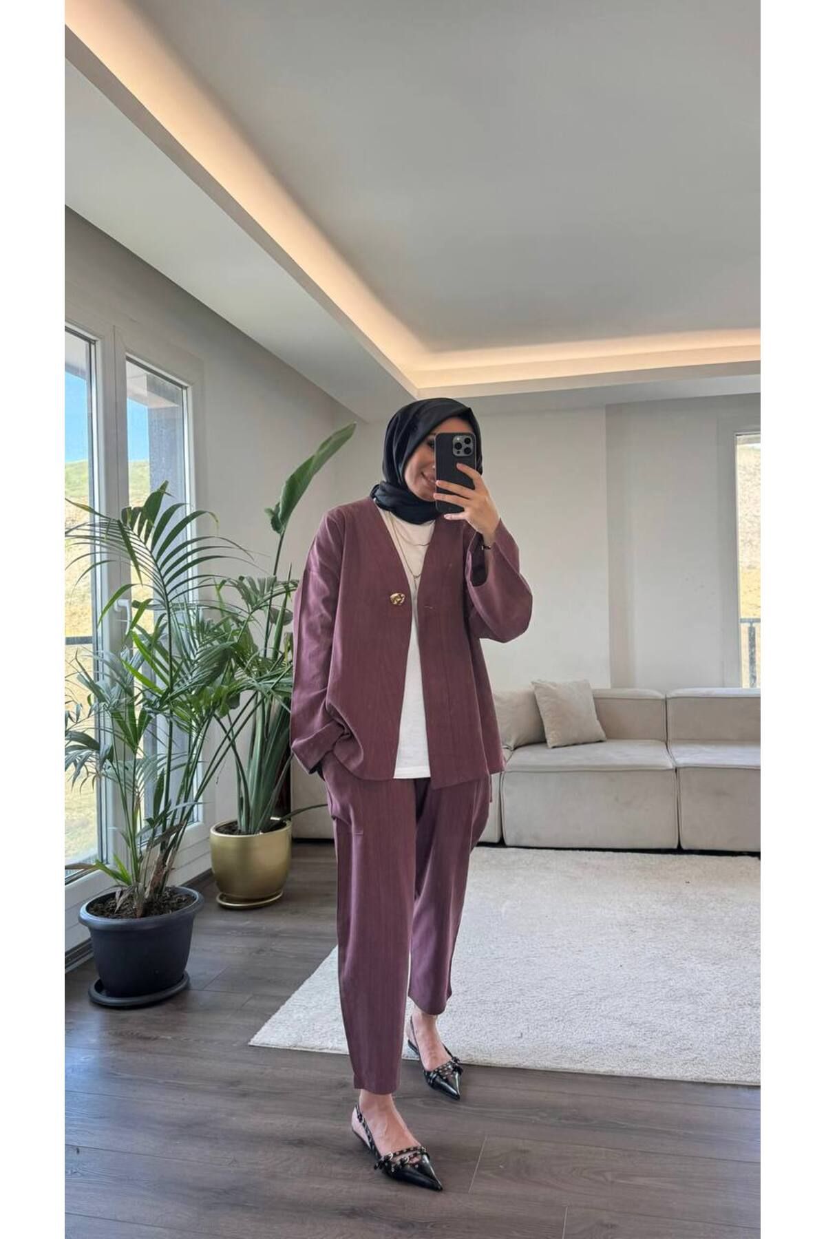 Suede Style 5797 - Tek Düğmeli Keten Rahat Şık Kadın Takımı