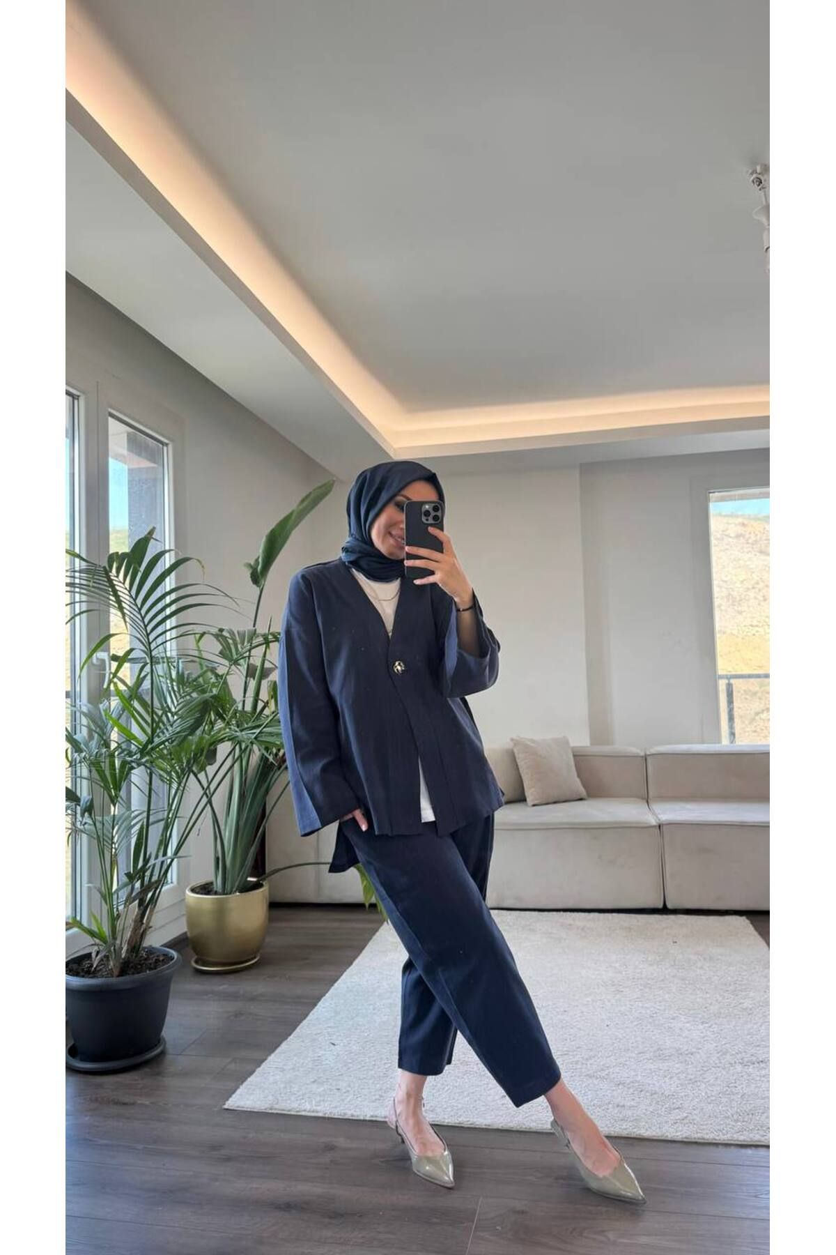 Suede Style 5797 - Tek Düğmeli Keten Rahat Şık Kadın Takımı