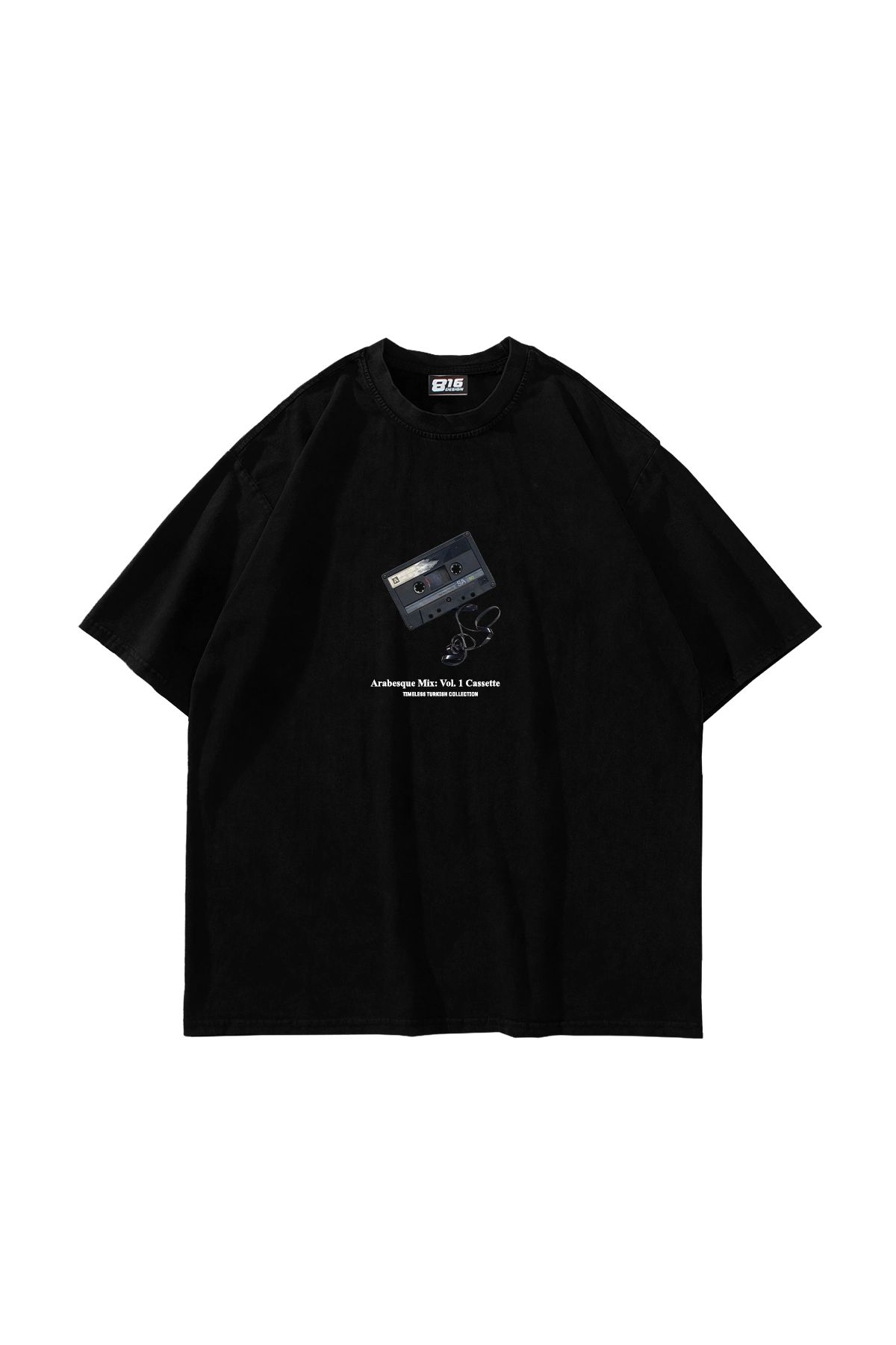Sekizbiraltı Arabesque Cassette Baskılı Oversize Unisex Siyah Tshirt
