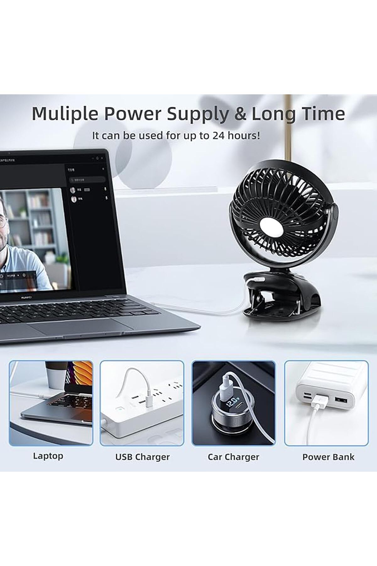 fulina-Portable compact clip-on fan, rechargeable, with LED display, 5 silent settings, 360° rotation 3