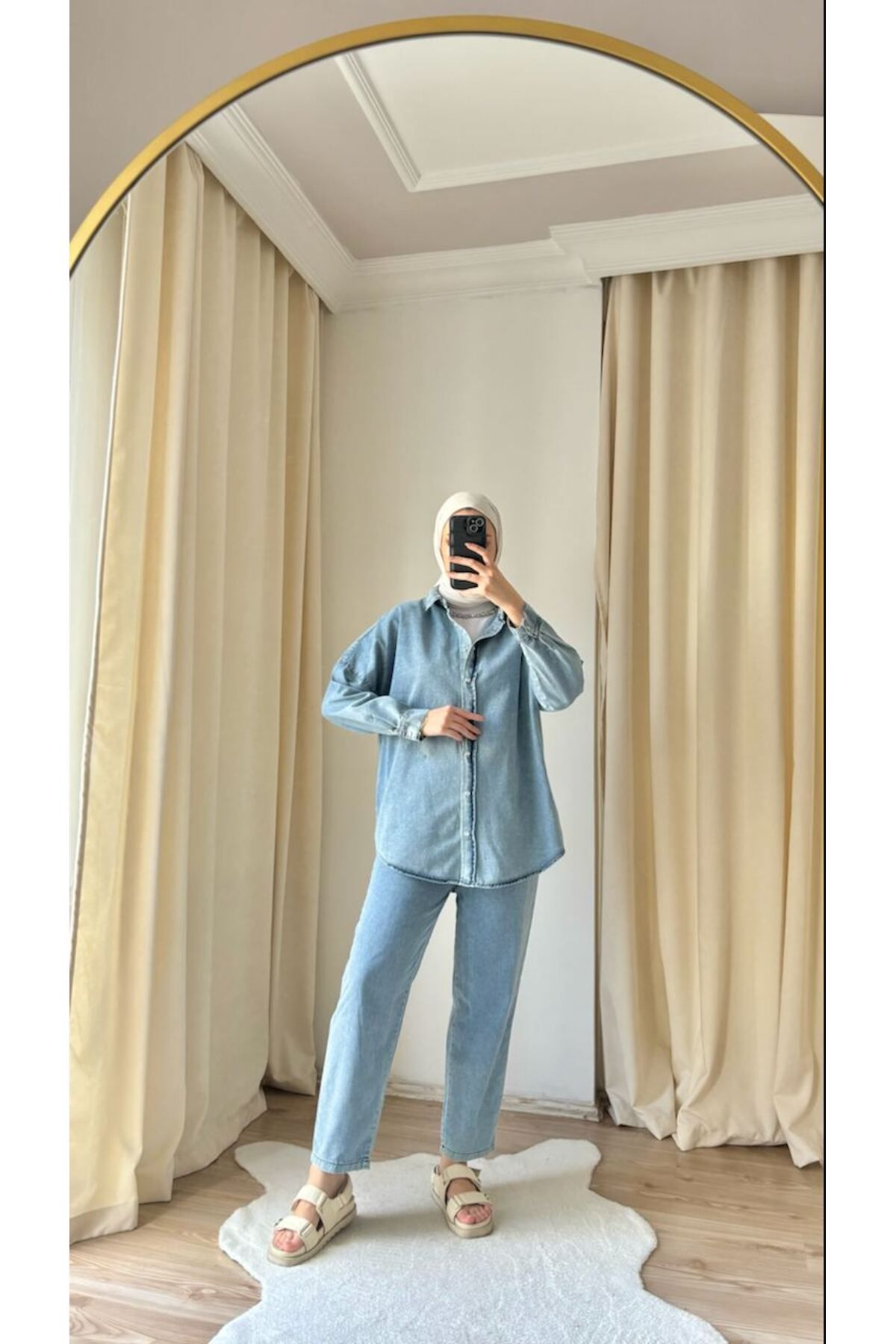 Suede Style 9138 - Şık Rahat Kadın Kot Pantolon Gömlek Takımı