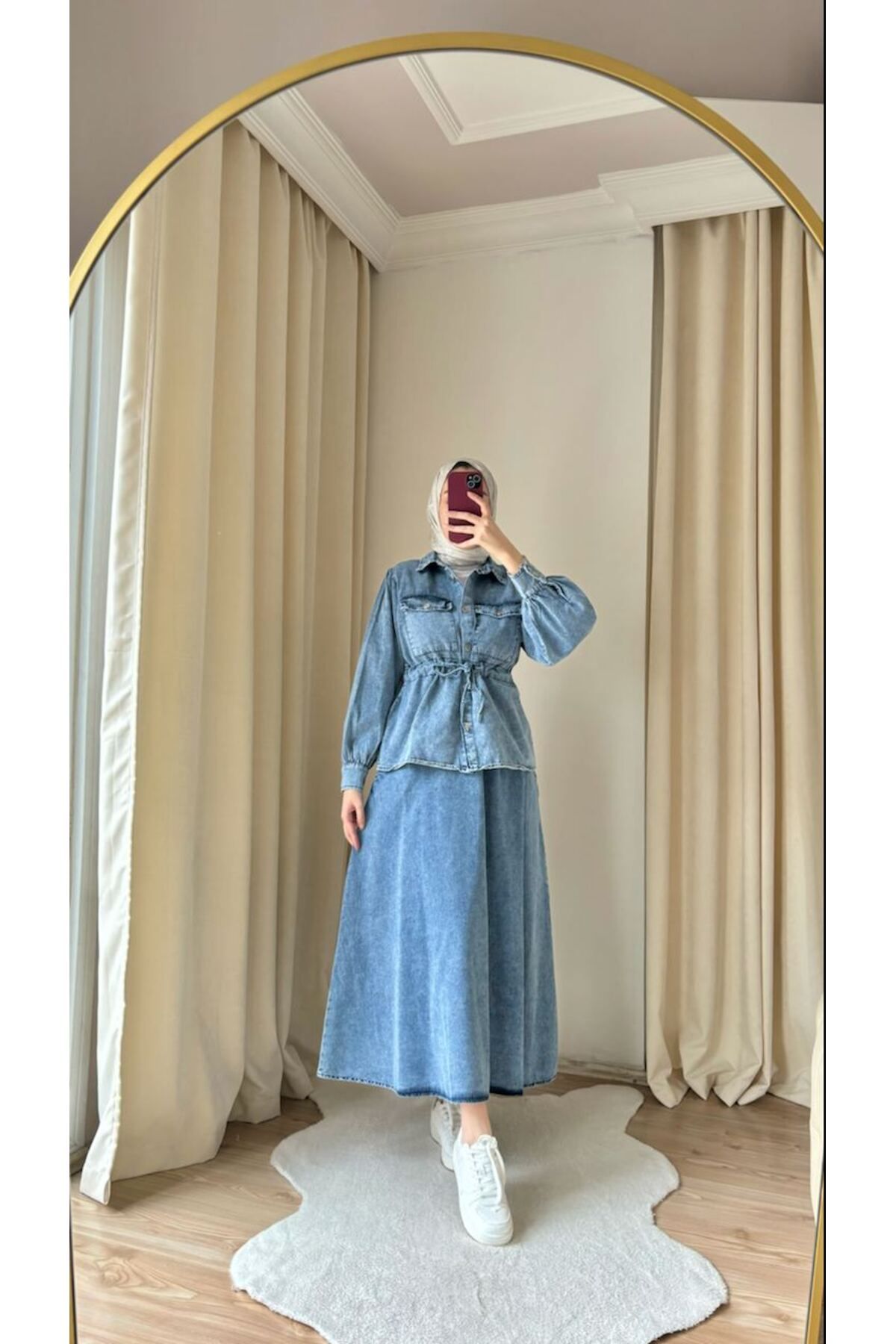 Suede Style 8929 - Önü Çift Cepli Beli İp Büzgülü Şık Rahat Kadın Kot Takımı