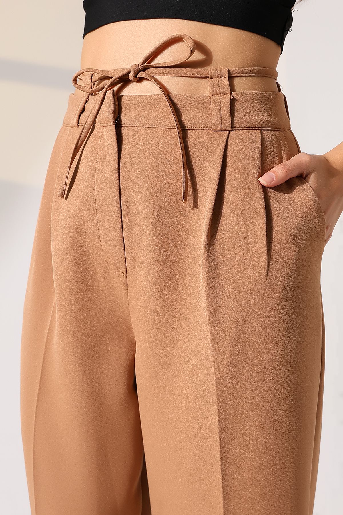 CeMa Moda Bel bağlamalı pilili Palazzo kadın pantolon