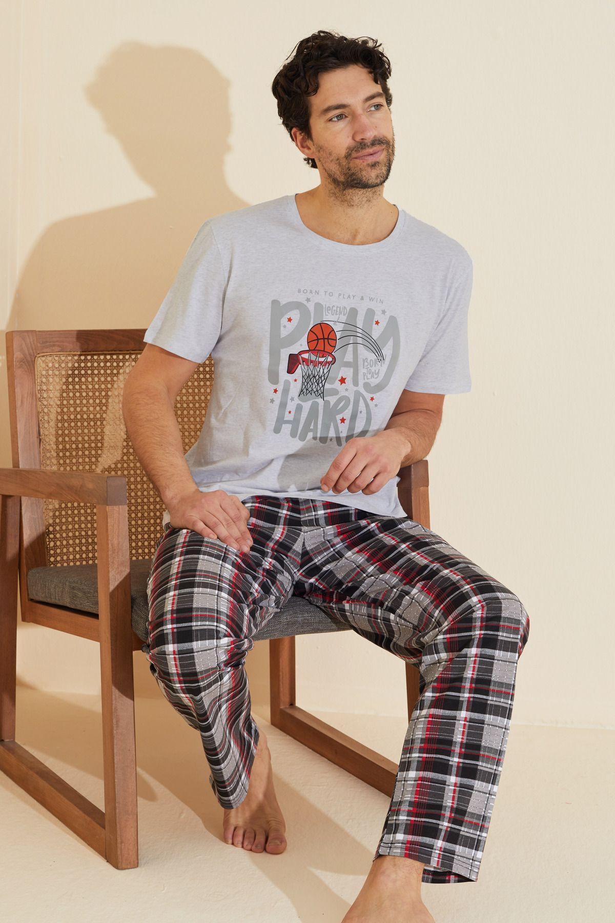 Siyah İnci gri desenli Bisiklet Yaka Örme Pijama Takım 25109839
